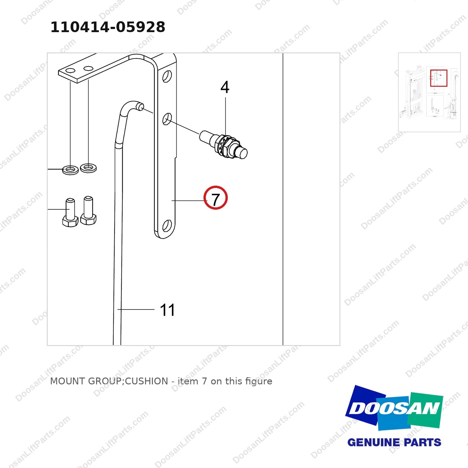 110414-05928 MOUNT GROUP;CUSHION - parts diagram, item 7 shown - genuine Doosan / Bobcat forklift part