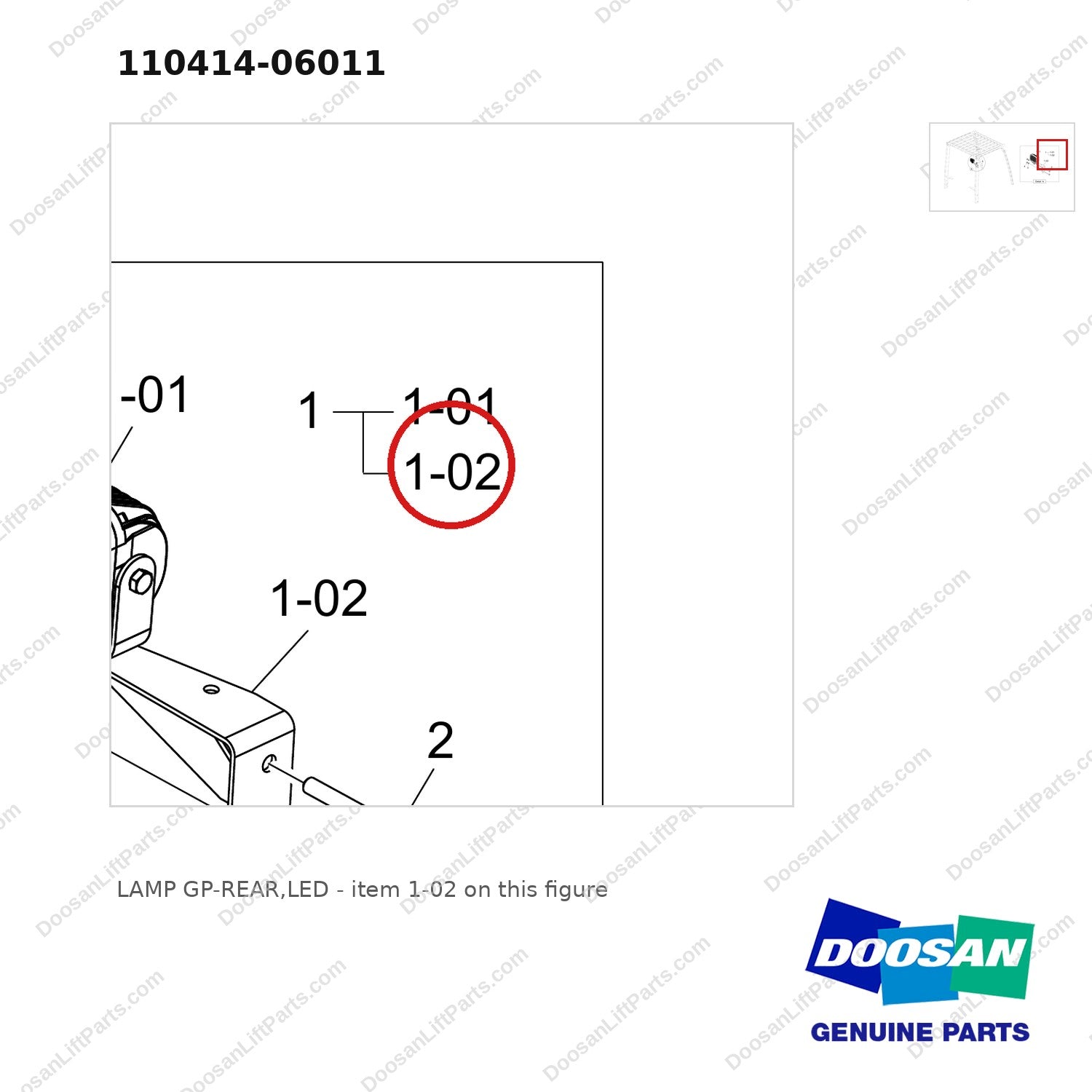 110414-06011 LAMP GP-REAR,LED - parts diagram, item 1-02 shown - genuine Doosan / Bobcat forklift part