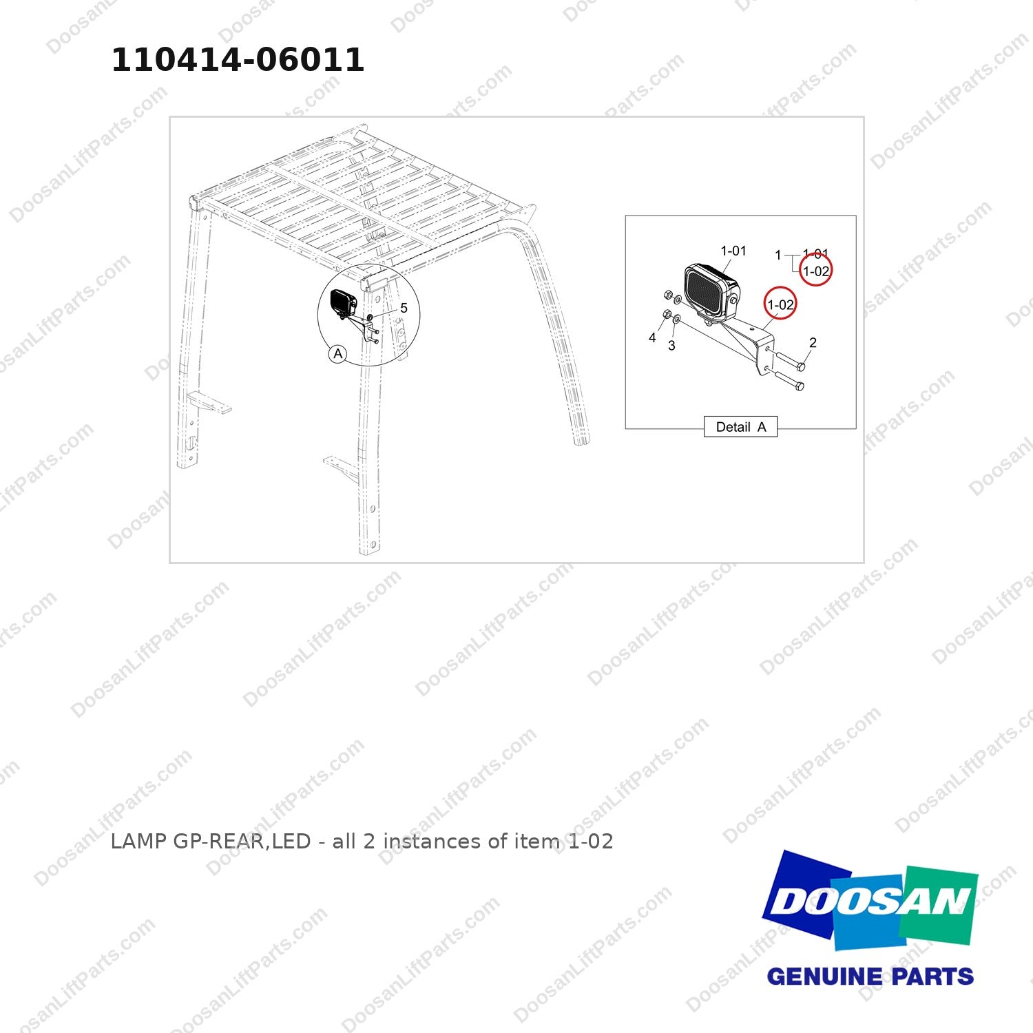 110414-06011 LAMP GP-REAR,LED - full parts diagram, item 1-02 marked - genuine Doosan / Bobcat forklift part