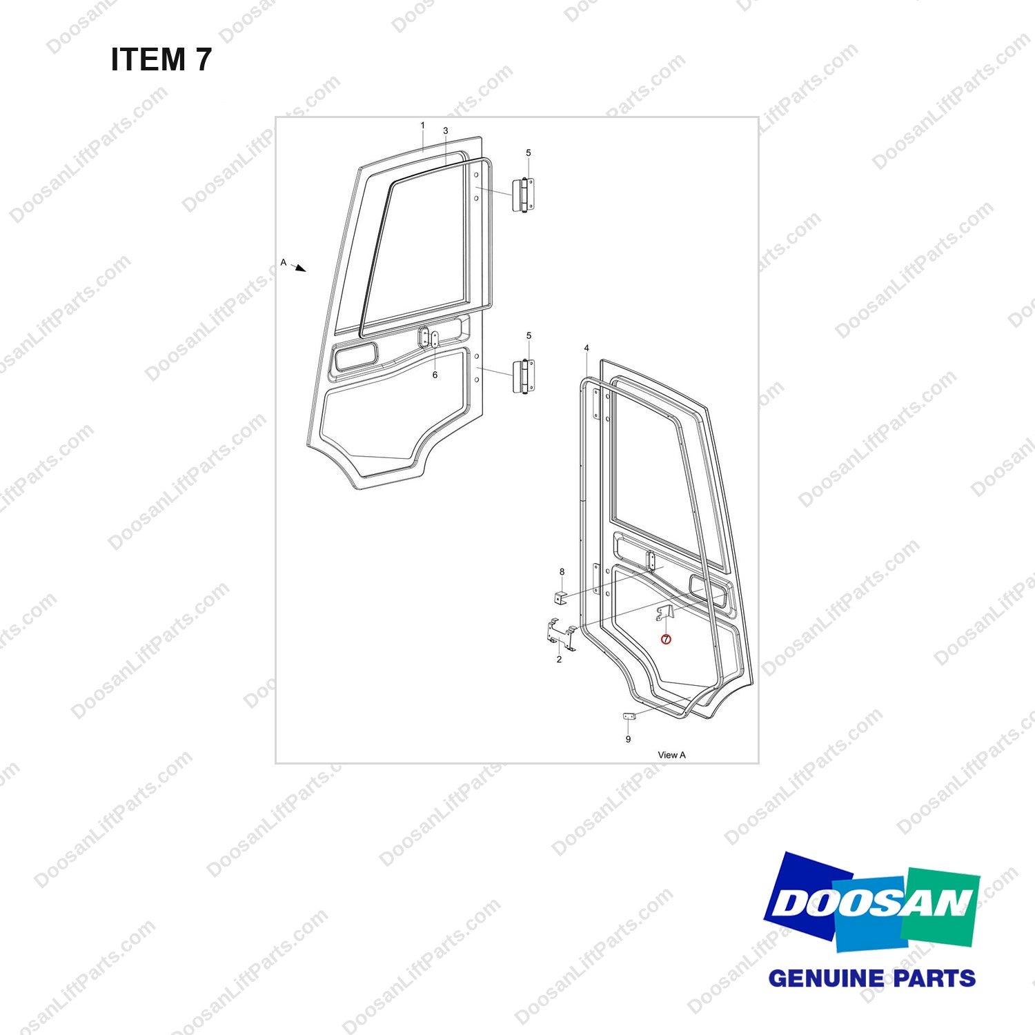 110414-06114 DOOR ASSY,SIDE;LH - full parts diagram, item 7 marked - genuine Doosan / Bobcat forklift part