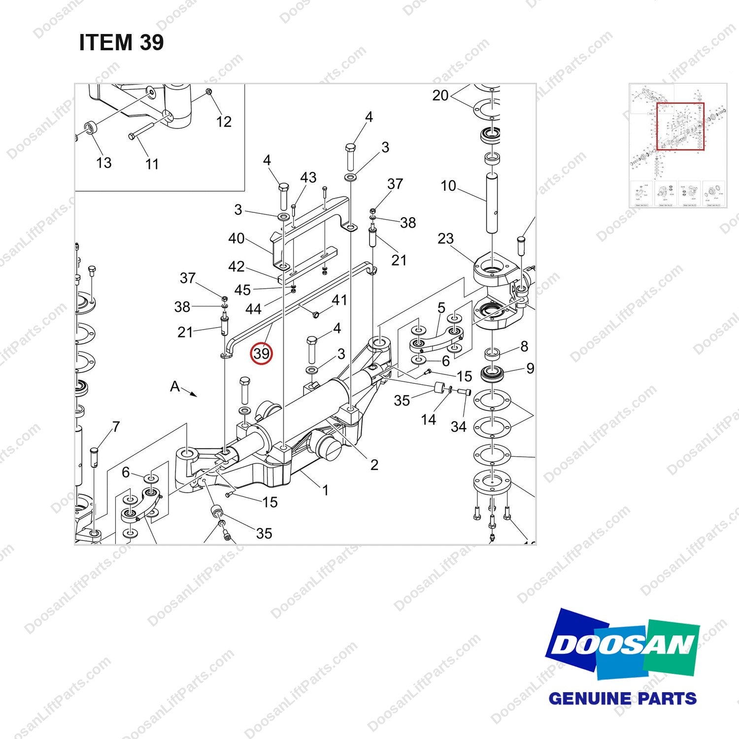 110414-06819 AXLE GROUP,STEER;W/ANGLE SENSOR - parts diagram, item 39 shown - genuine Doosan / Bobcat forklift part
