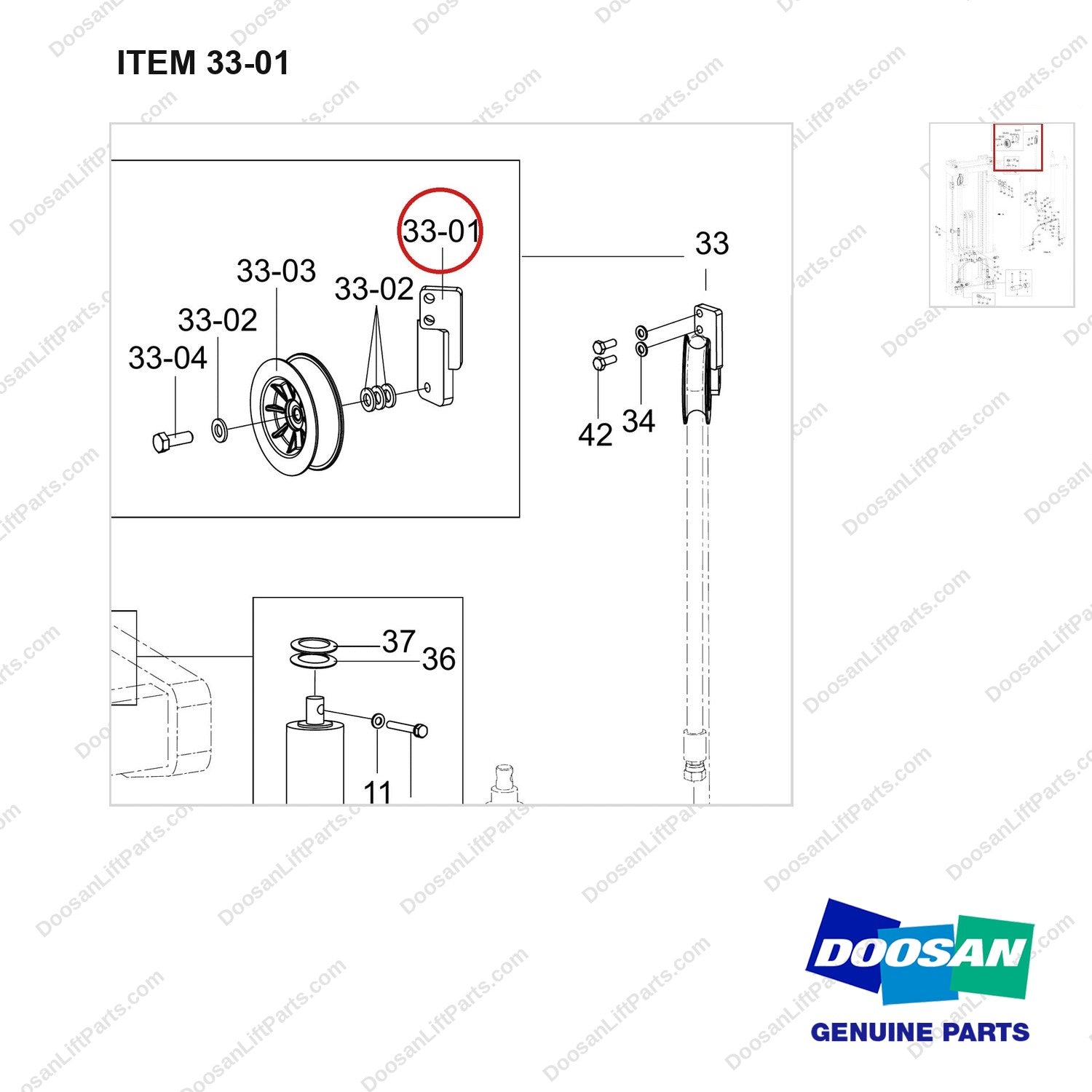 110414-07006 MOUNT GROUP;LIFT&TILT,FFT - parts diagram, item 33-01 shown - genuine Doosan / Bobcat forklift part