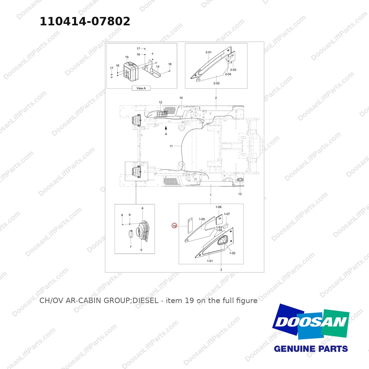 110414-07802 CH/OV AR-CABIN GROUP;DIESEL - full parts diagram, item 19 marked - genuine Doosan / Bobcat forklift part