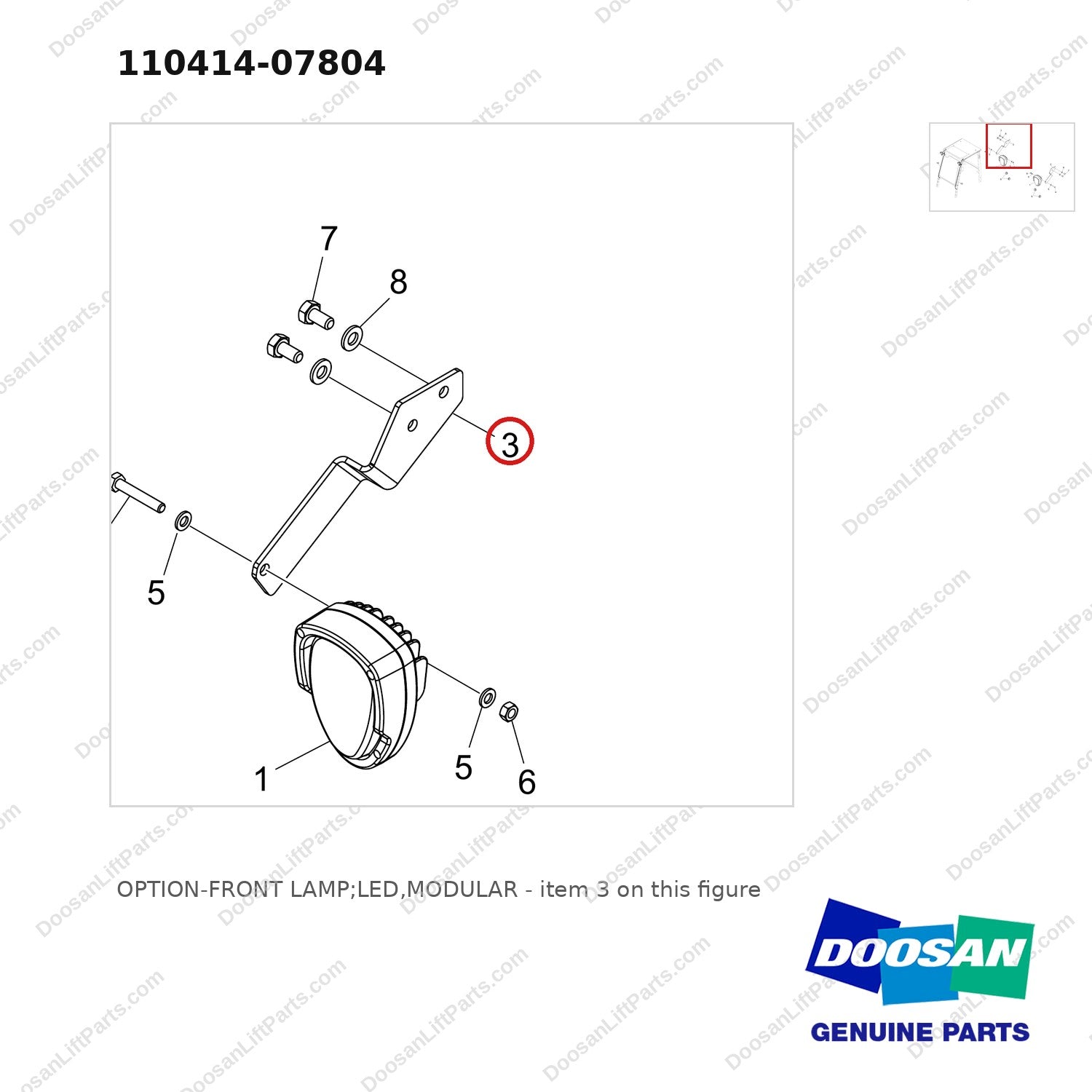 110414-07804 OPTION-FRONT LAMP;LED,MODULAR - parts diagram, item 3 shown - genuine Doosan / Bobcat forklift part