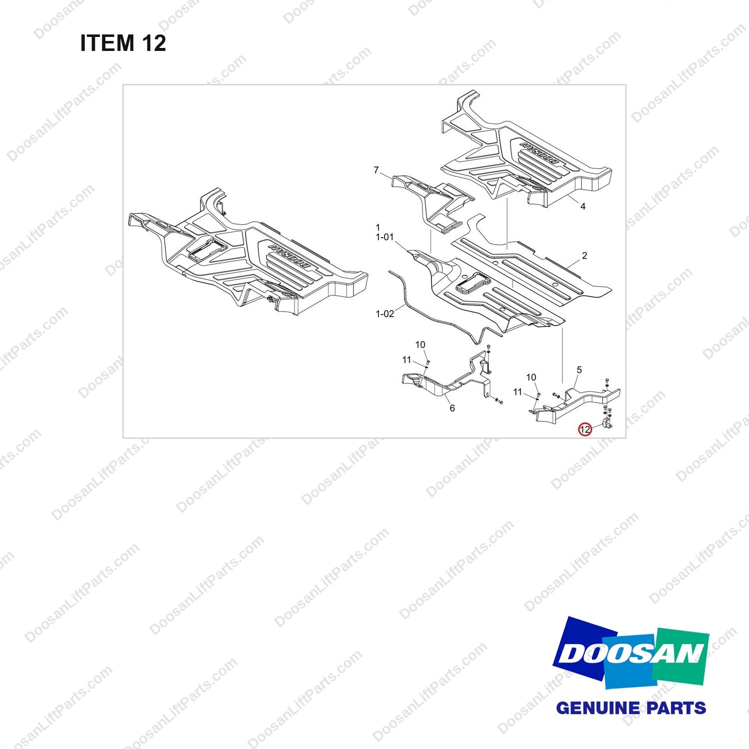 110414-08808 FLOOR PLATE GP;OVHG D25S-9 - full parts diagram, item 12 marked - genuine Doosan / Bobcat forklift part