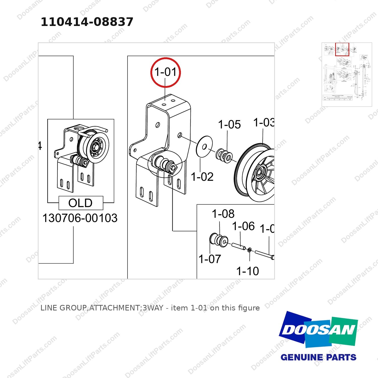 110414-08837 LINE GROUP,ATTACHMENT;3WAY - parts diagram, item 1-01 shown - genuine Doosan / Bobcat forklift part