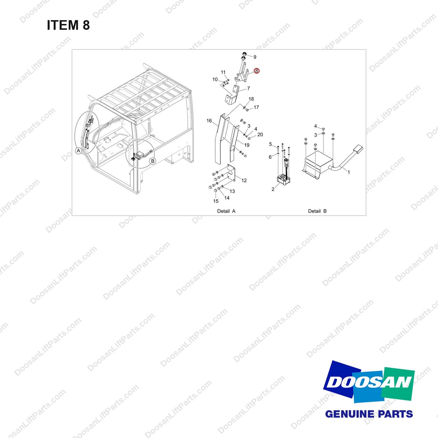 110414-08962 CROWN INFO LINK READY;OVHG - full parts diagram, item 8 marked - genuine Doosan / Bobcat forklift part