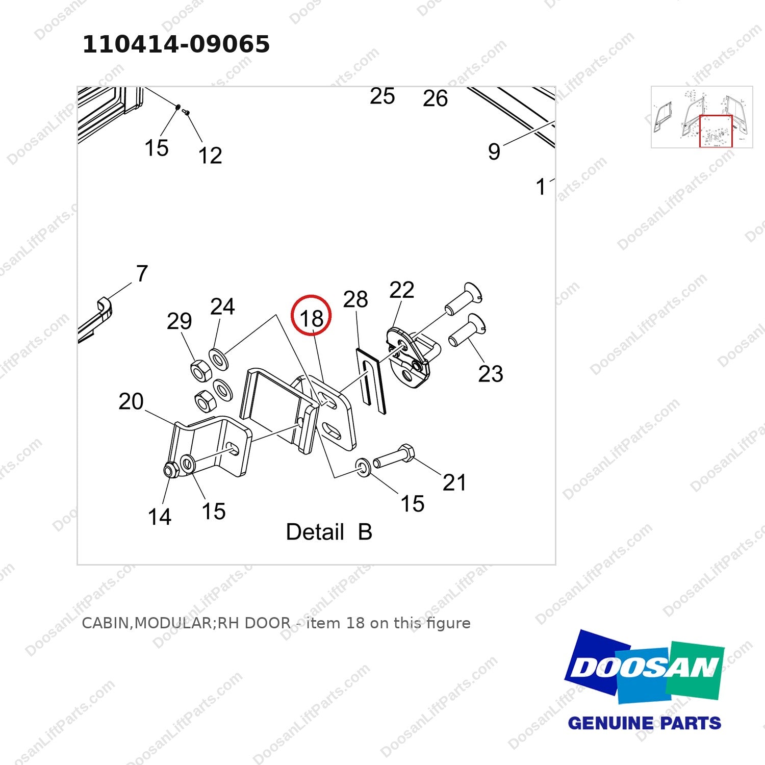 110414-09065 CABIN,MODULAR;RH DOOR - parts diagram, item 18 shown - genuine Doosan / Bobcat forklift part