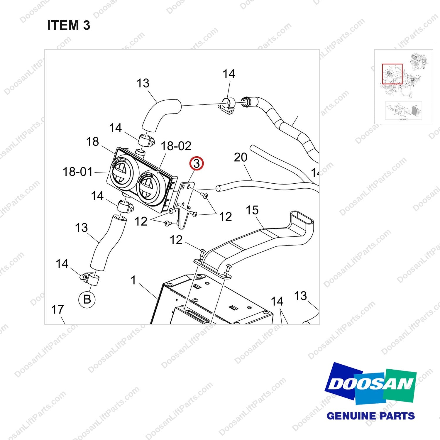 110414-09438 HEATER ASSY,CABIN - parts diagram, item 3 shown - genuine Doosan / Bobcat forklift part