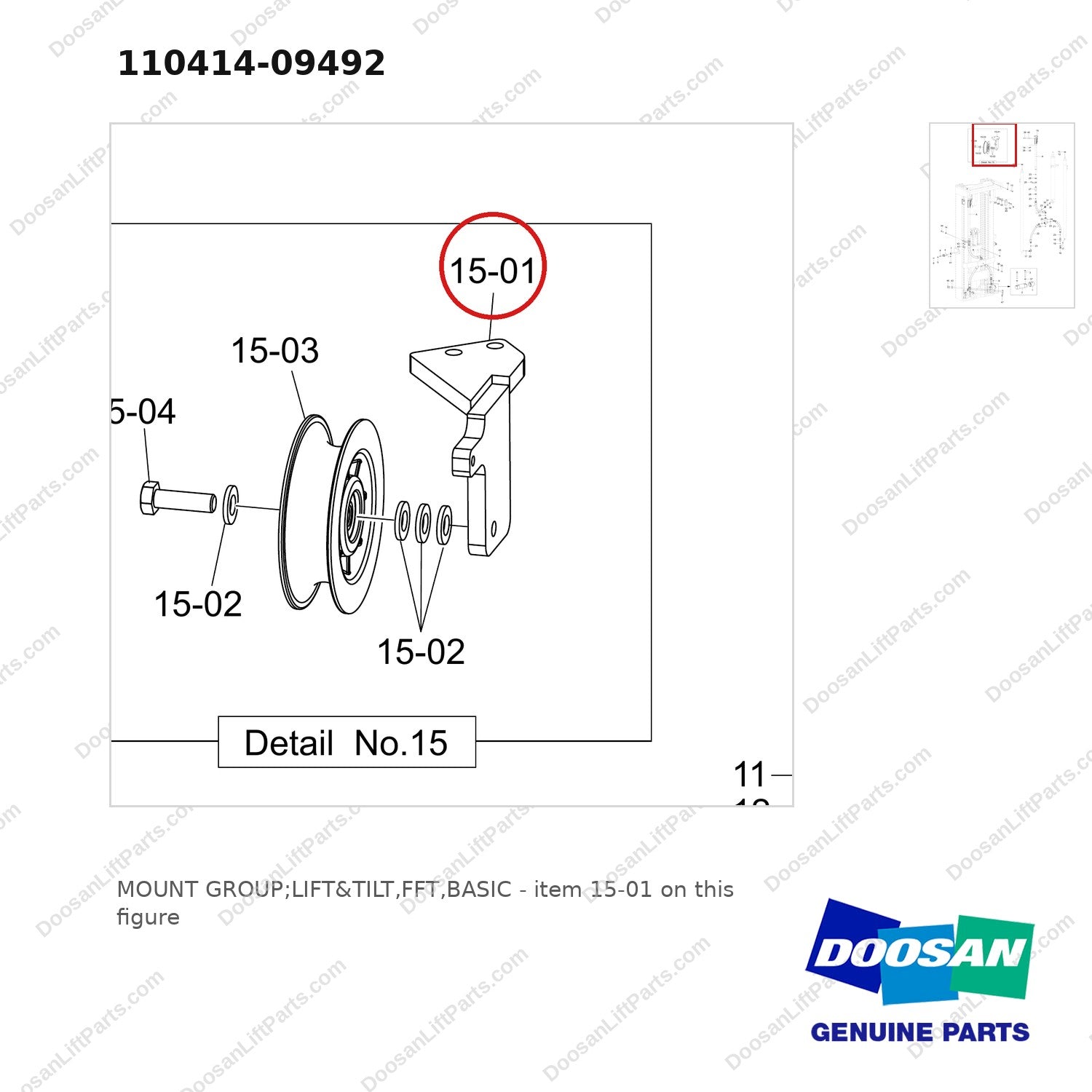 110414-09492 MOUNT GROUP;LIFT&TILT,FFT,BASIC - parts diagram, item 15-01 shown - genuine Doosan / Bobcat forklift part