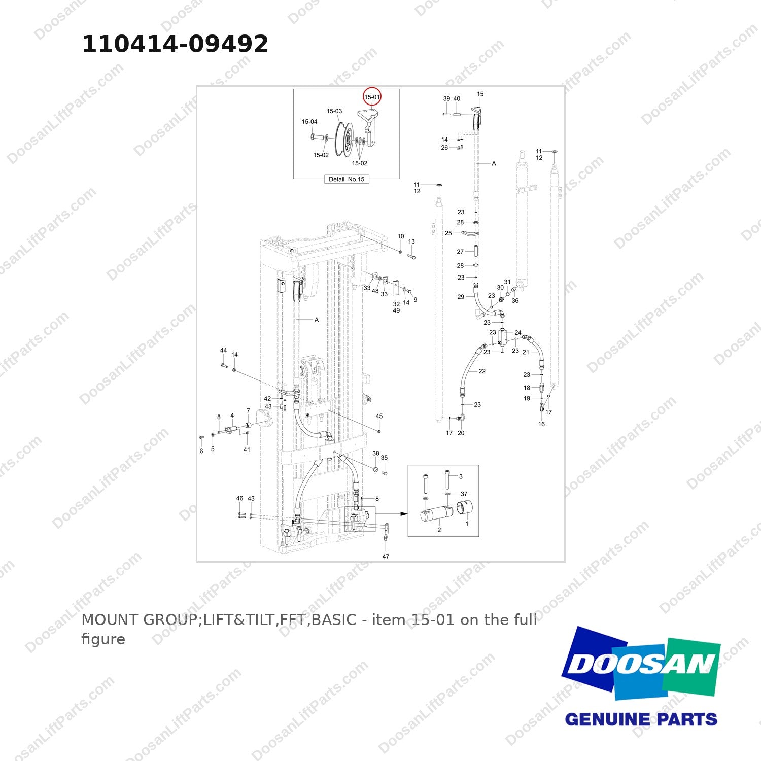 110414-09492 MOUNT GROUP;LIFT&TILT,FFT,BASIC - full parts diagram, item 15-01 marked - genuine Doosan / Bobcat forklift part