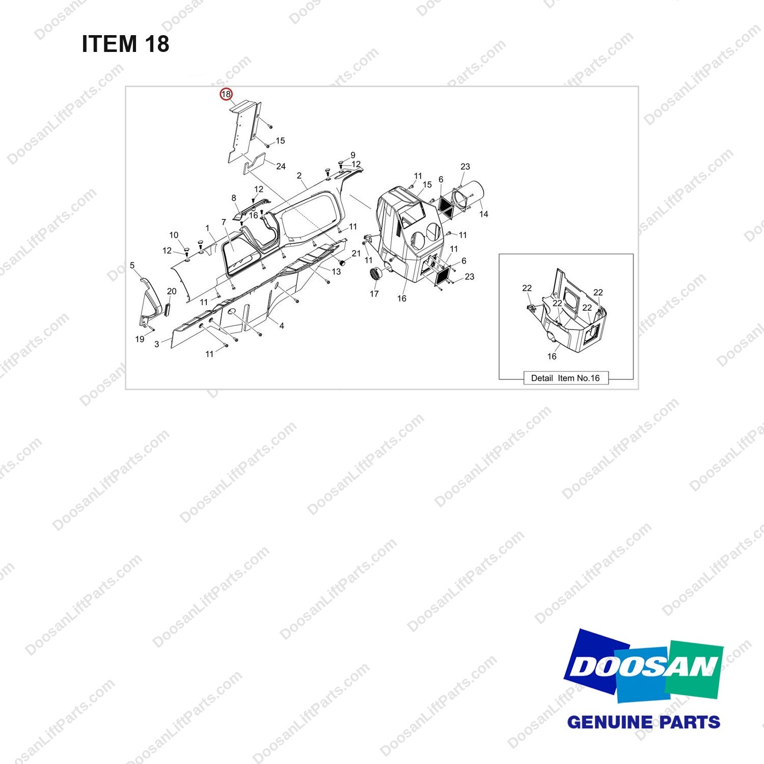 110414-09652 CONSOLE COVER;WITH HEATER - full parts diagram, item 18 marked - genuine Doosan / Bobcat forklift part