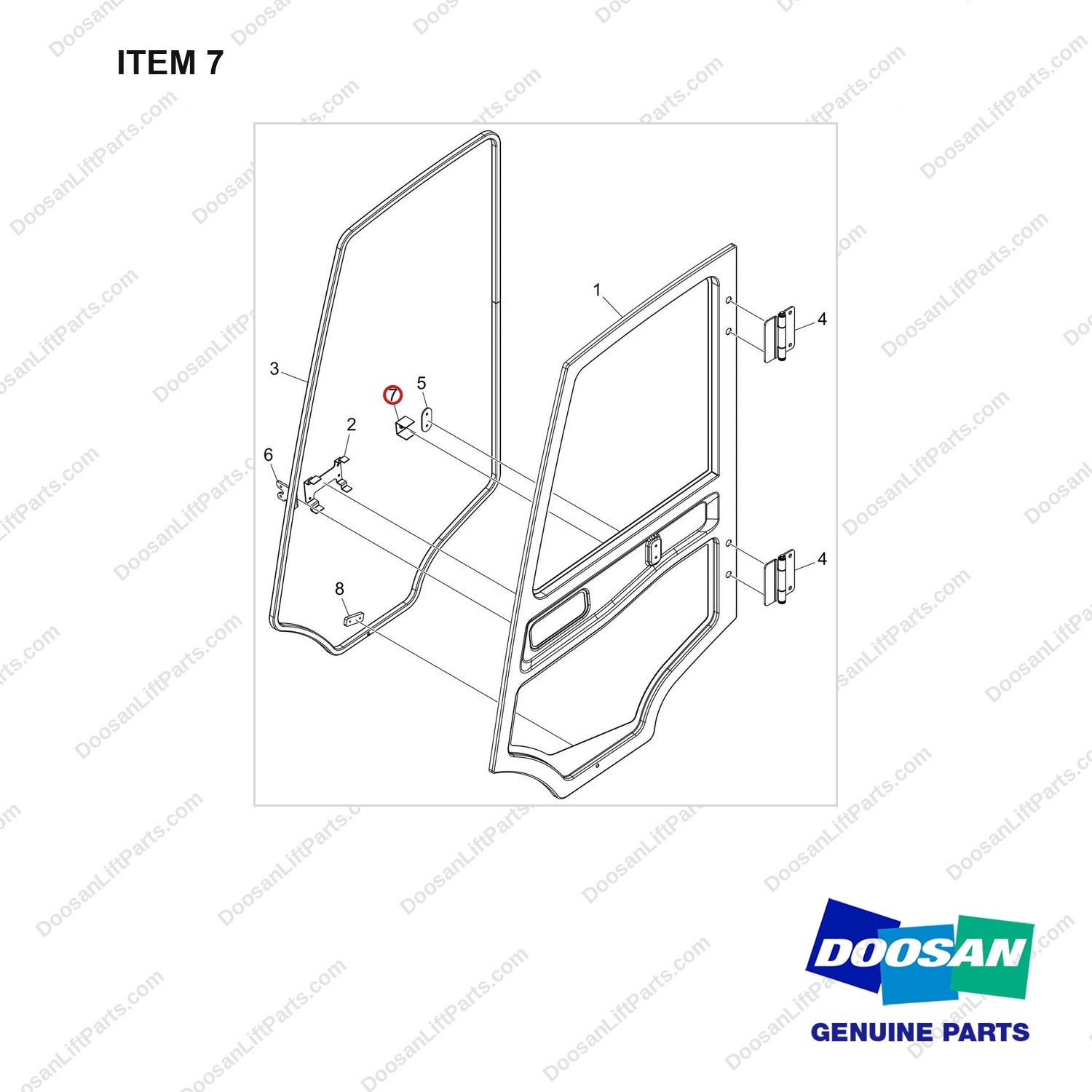 110414-09738 DOOR ASSY,SIDE;LH - full parts diagram, item 7 marked - genuine Doosan / Bobcat forklift part
