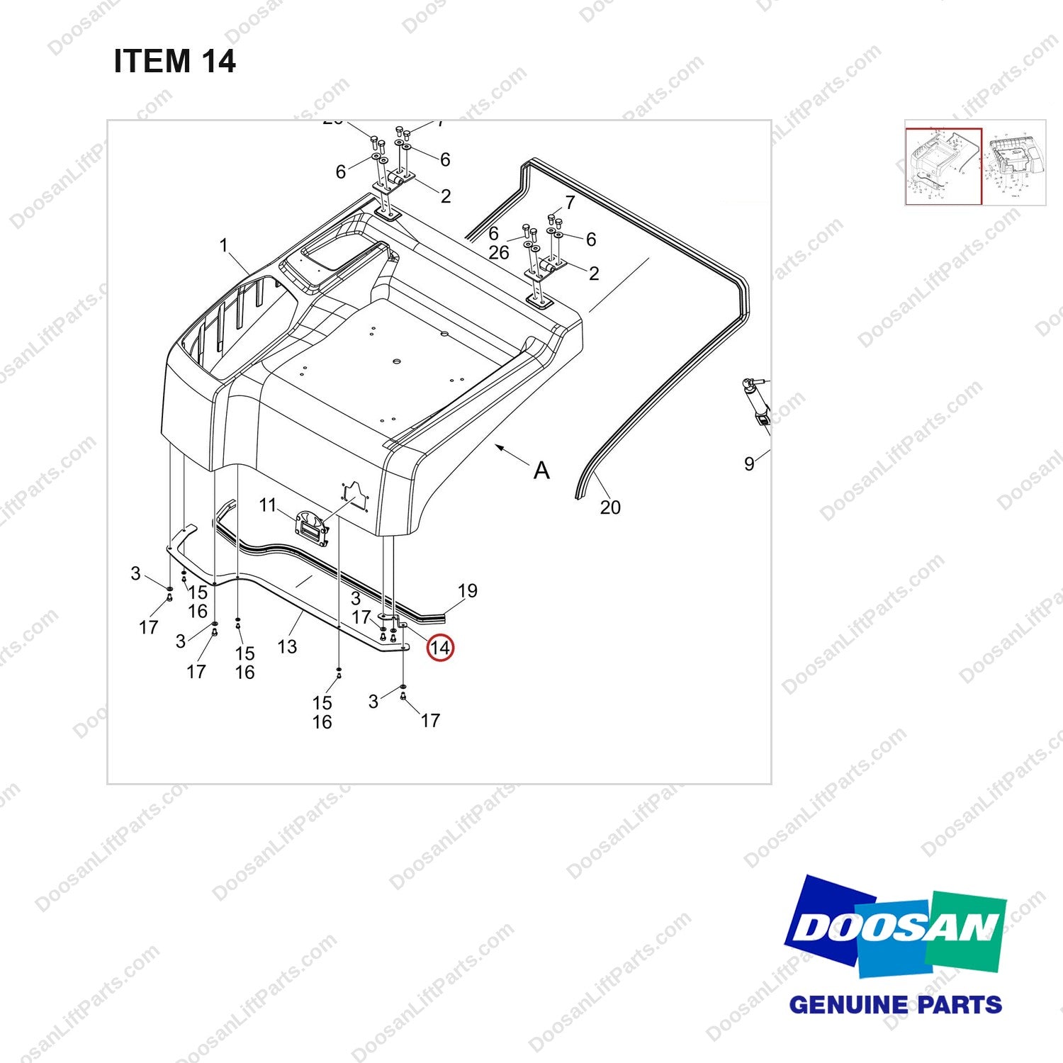 110414-09806 HOOD GROUP - parts diagram, item 14 shown - genuine Doosan / Bobcat forklift part