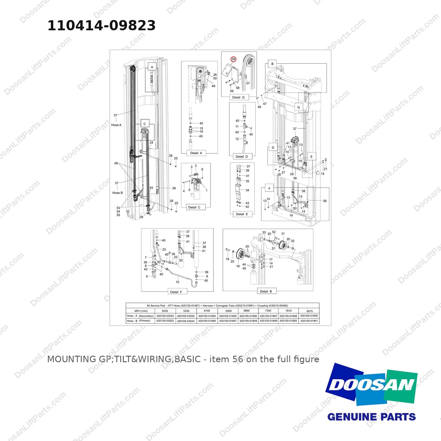 110414-09823 MOUNTING GP;TILT&WIRING,BASIC - full parts diagram, item 56 marked - genuine Doosan / Bobcat forklift part