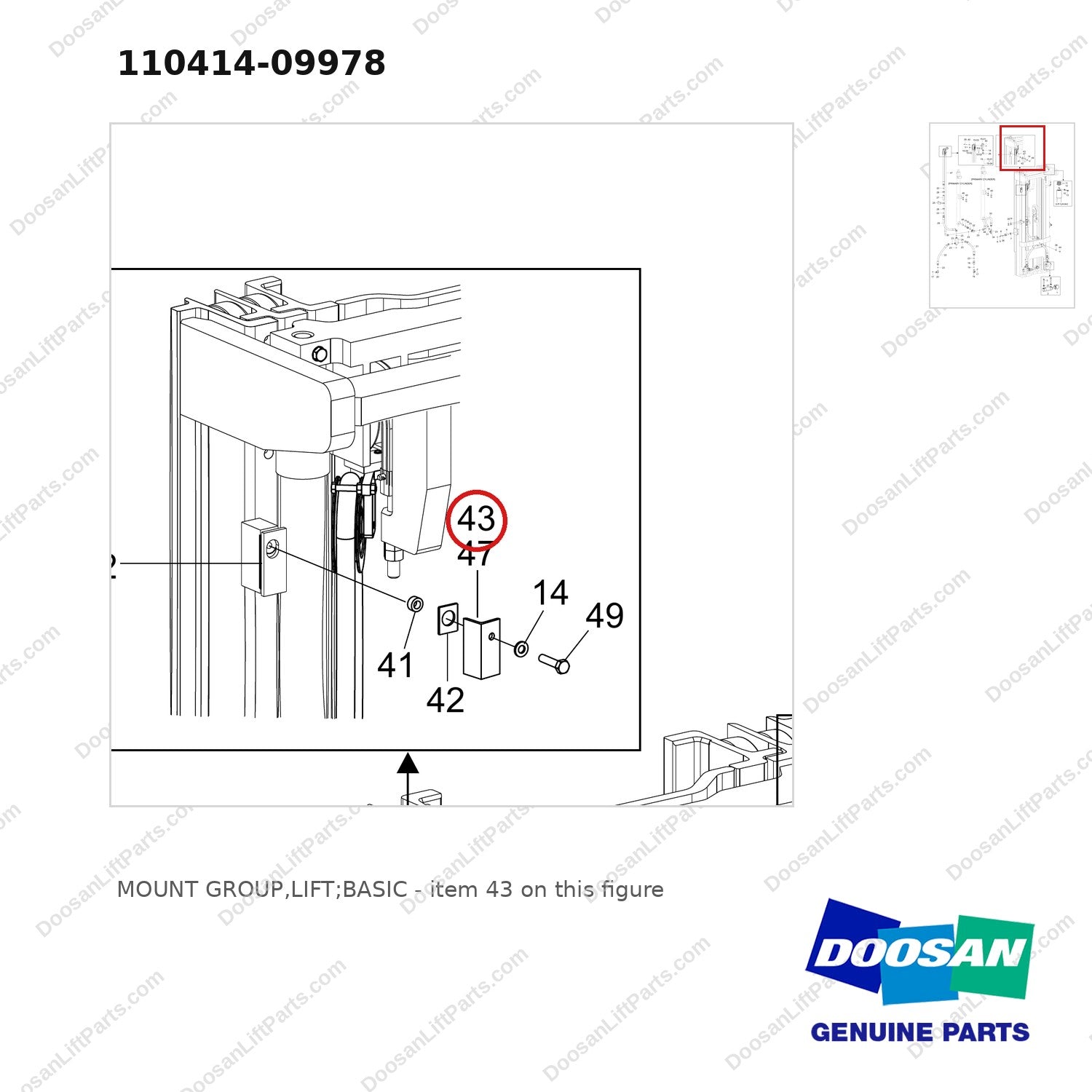110414-09978 MOUNT GROUP,LIFT;BASIC - parts diagram, item 43 shown - genuine Doosan / Bobcat forklift part