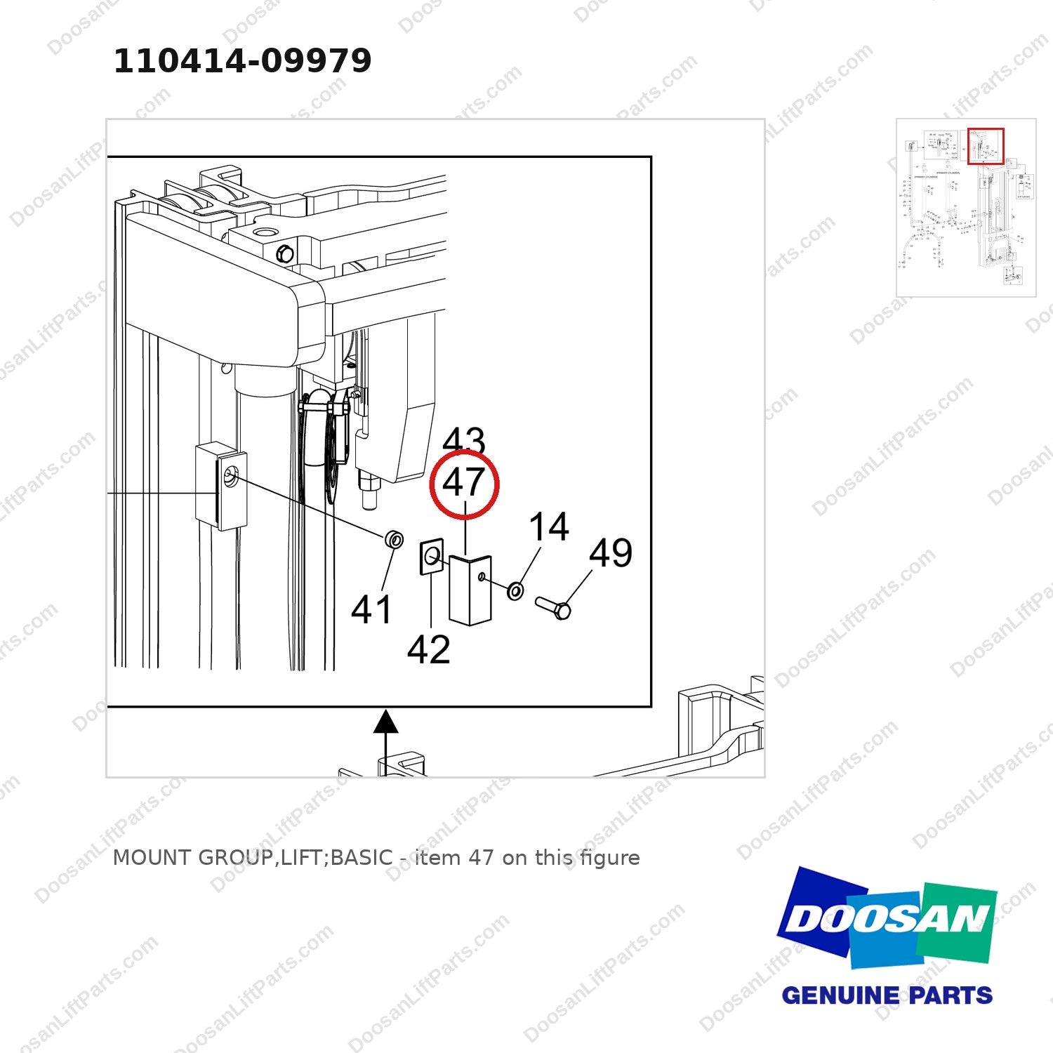 110414-09979 MOUNT GROUP,LIFT;BASIC - parts diagram, item 47 shown - genuine Doosan / Bobcat forklift part