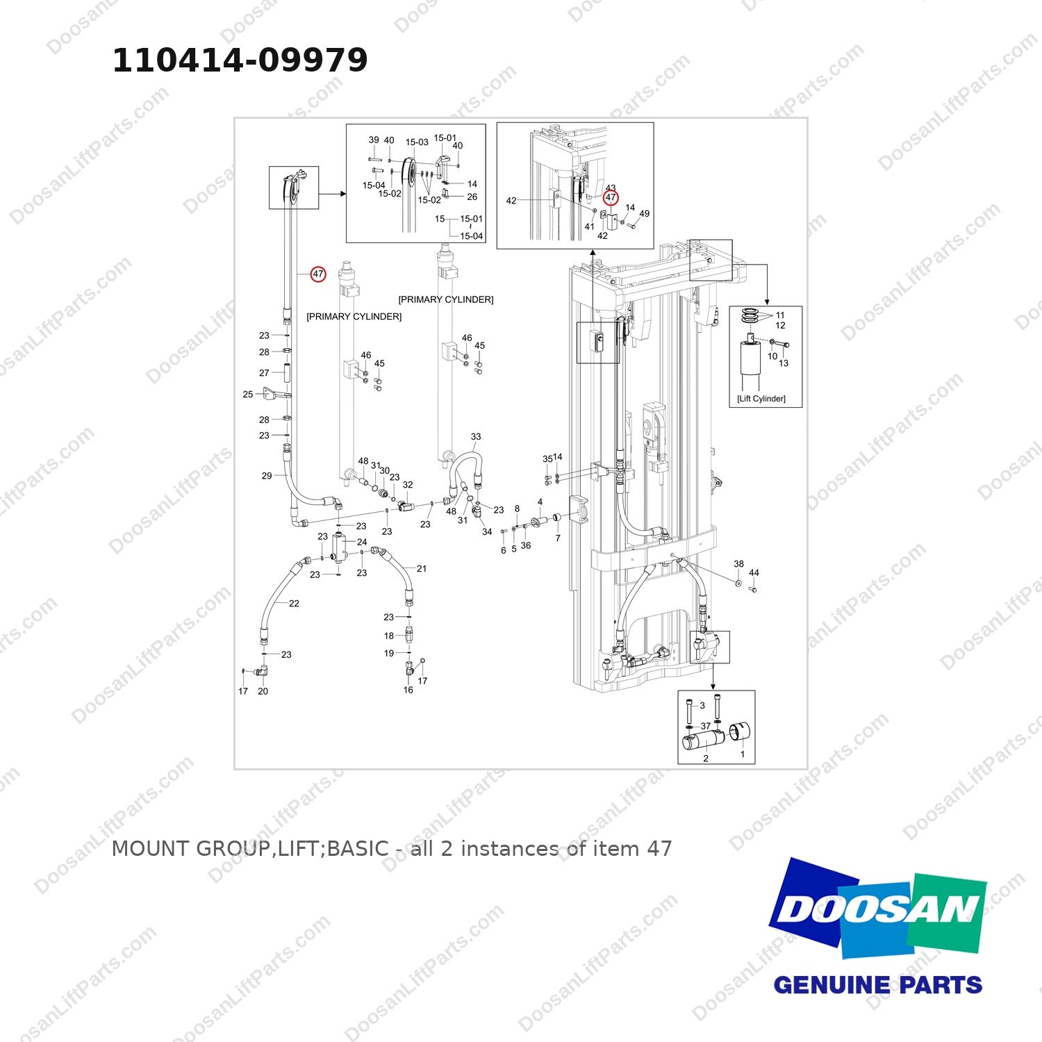 110414-09979 MOUNT GROUP,LIFT;BASIC - full parts diagram, item 47 marked - genuine Doosan / Bobcat forklift part
