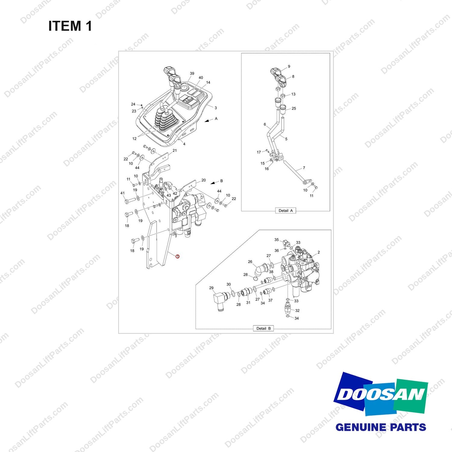 110414-10333 VALVE ASSY;2SEC/2LEV,T4,NEW OPC - full parts diagram, item 1 marked - genuine Doosan / Bobcat forklift part