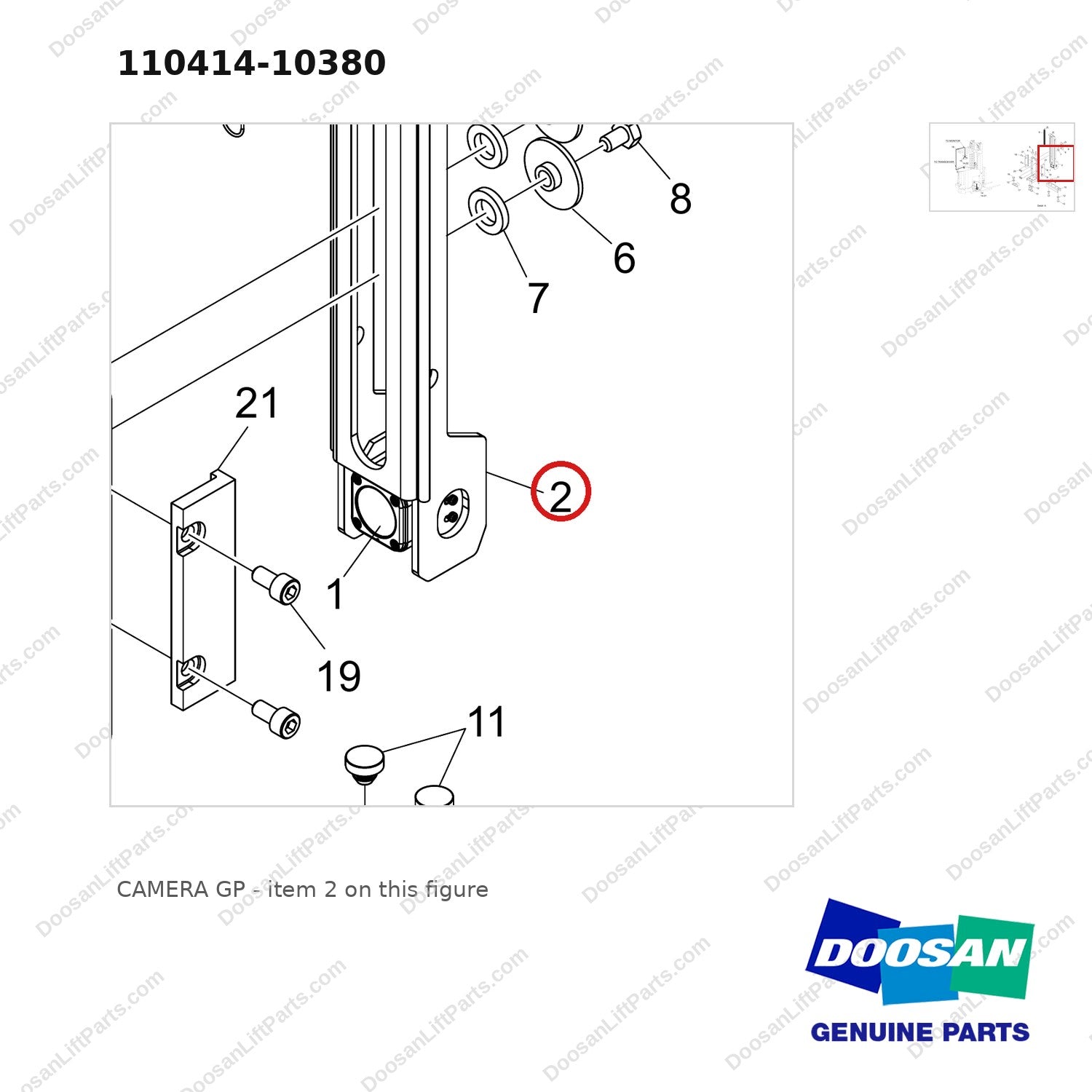 110414-10380 CAMERA GP - parts diagram, item 2 shown - genuine Doosan / Bobcat forklift part
