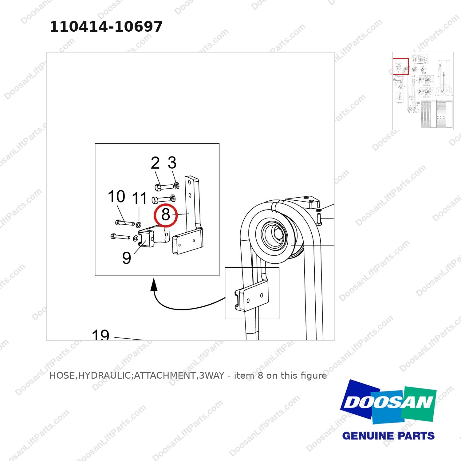 110414-10697 HOSE,HYDRAULIC;ATTACHMENT,3WAY - parts diagram, item 8 shown - genuine Doosan / Bobcat forklift part
