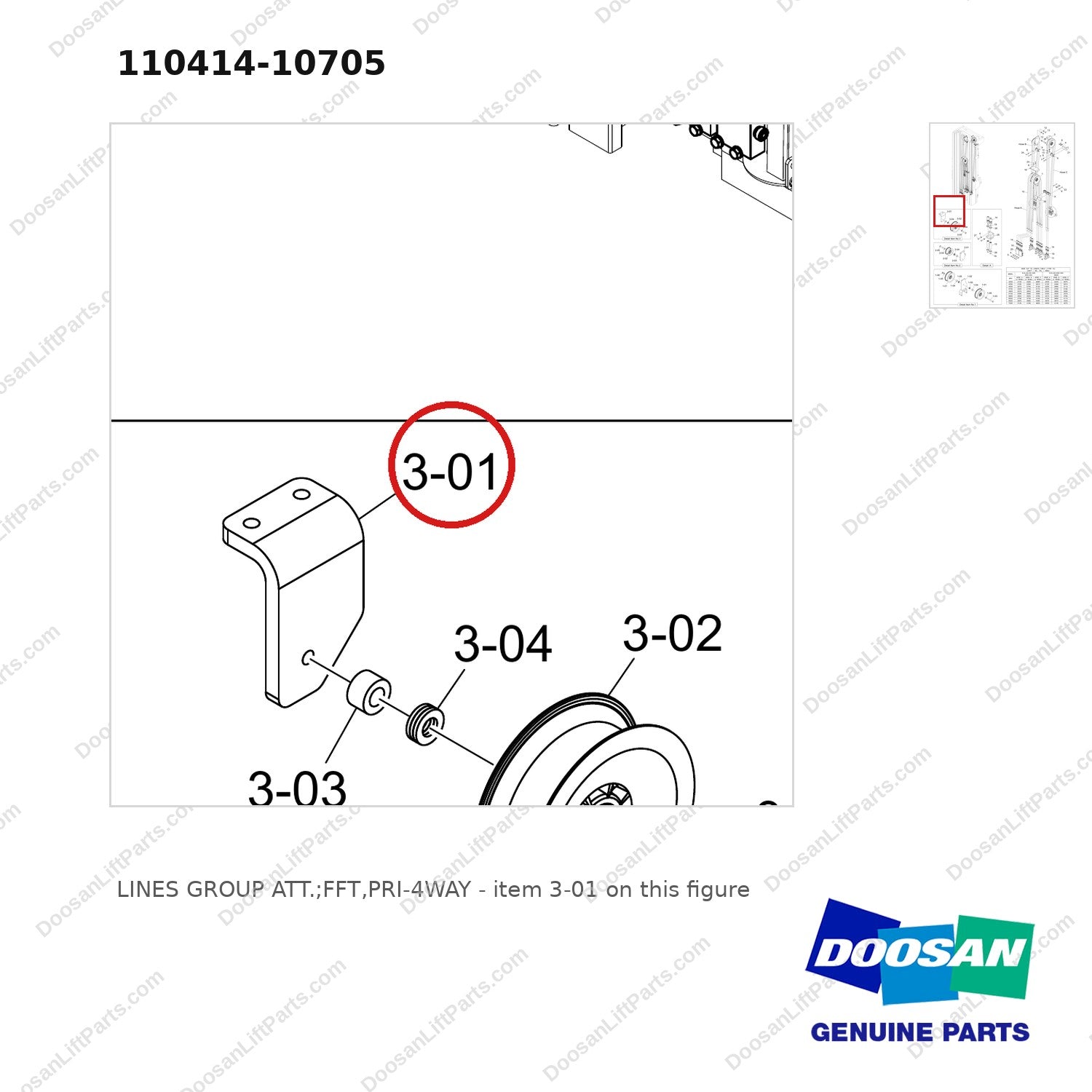 110414-10705 LINES GROUP ATT.;FFT,PRI-4WAY - parts diagram, item 3-01 shown - genuine Doosan / Bobcat forklift part