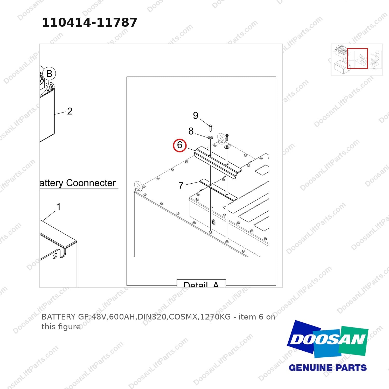110414-11787 BATTERY GP;48V,600AH,DIN320,COSMX,1270KG - parts diagram, item 6 shown - genuine Doosan / Bobcat forklift part