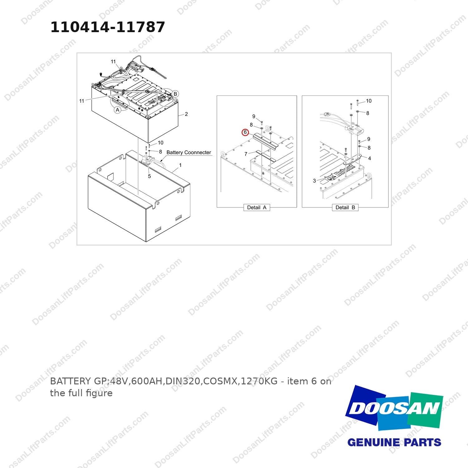 110414-11787 BATTERY GP;48V,600AH,DIN320,COSMX,1270KG - full parts diagram, item 6 marked - genuine Doosan / Bobcat forklift part