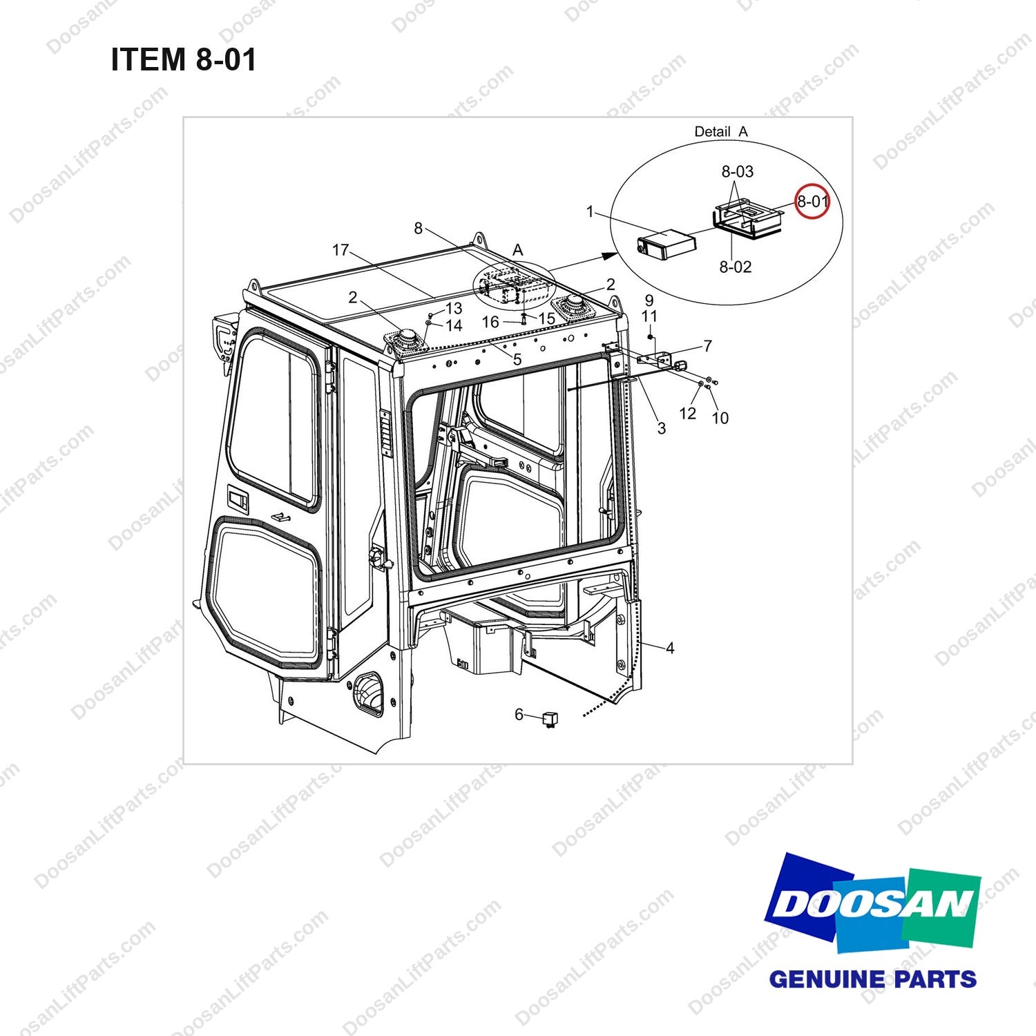 110420-00012 Car Stereo - full parts diagram, item 8-01 marked - genuine Doosan / Bobcat forklift part