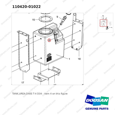 110420-01022 TANK,UREA;D40S T-4 D34 - parts diagram, item 4 shown - genuine Doosan / Bobcat forklift part