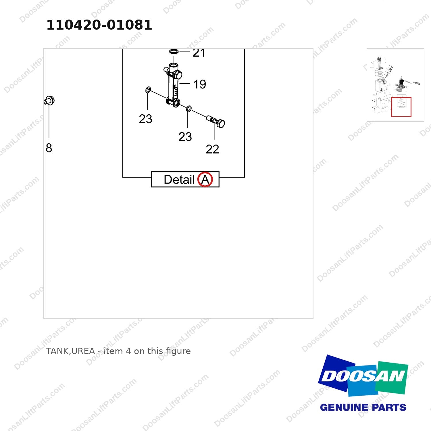 110420-01081 TANK,UREA - parts diagram, item 4 shown - genuine Doosan / Bobcat forklift part