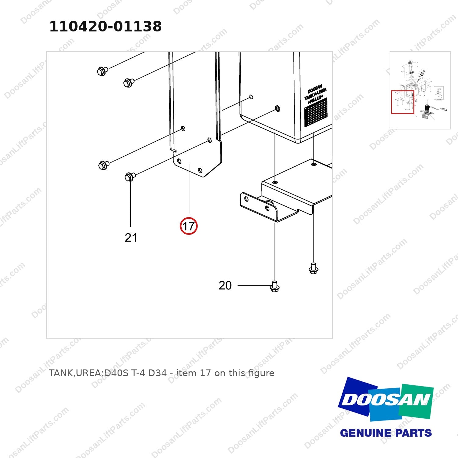 110420-01138 TANK,UREA;D40S T-4 D34 - parts diagram, item 17 shown - genuine Doosan / Bobcat forklift part