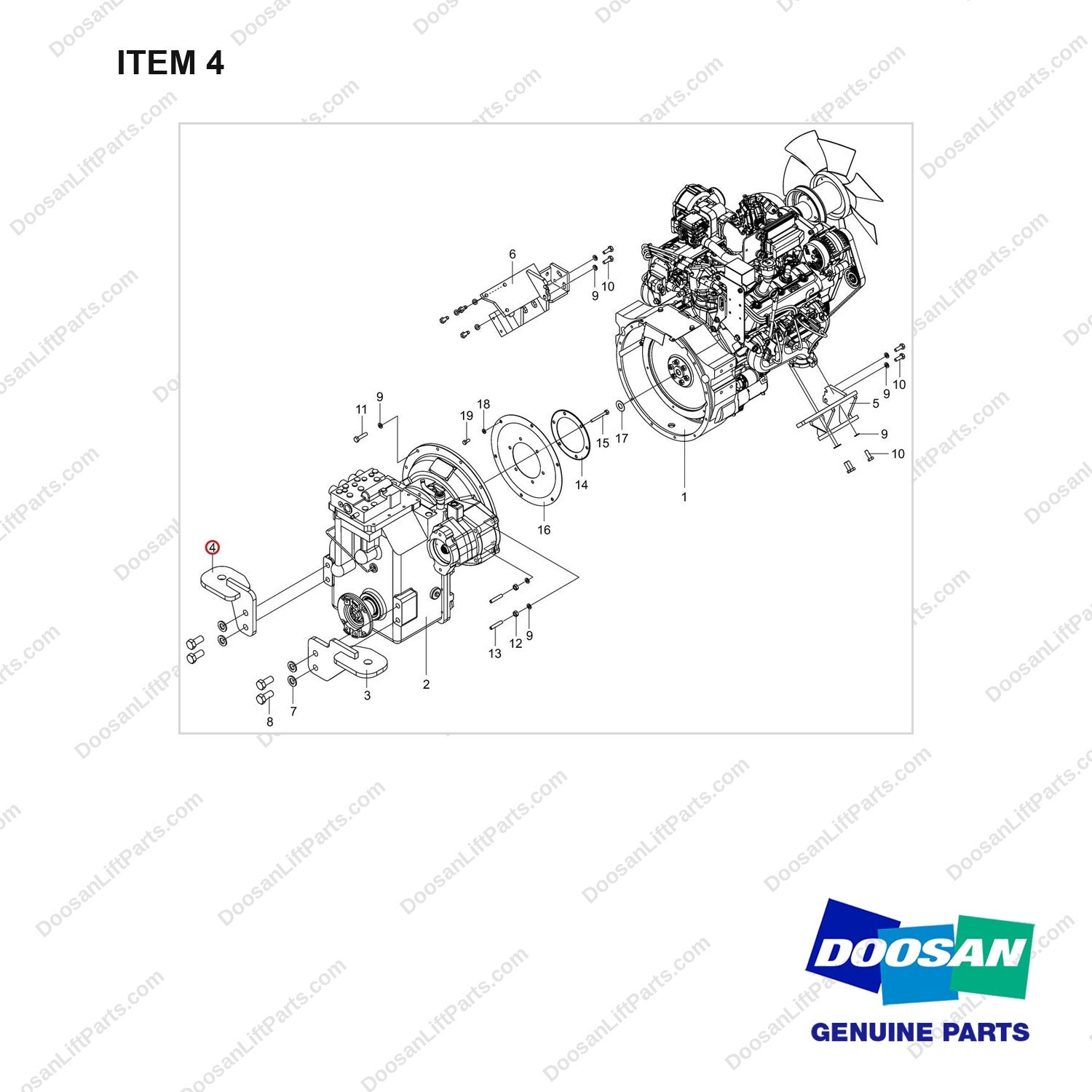 110420-01167 Engine & Transmission Gp - Non Certi - full parts diagram, item 4 marked - genuine Doosan / Bobcat forklift part