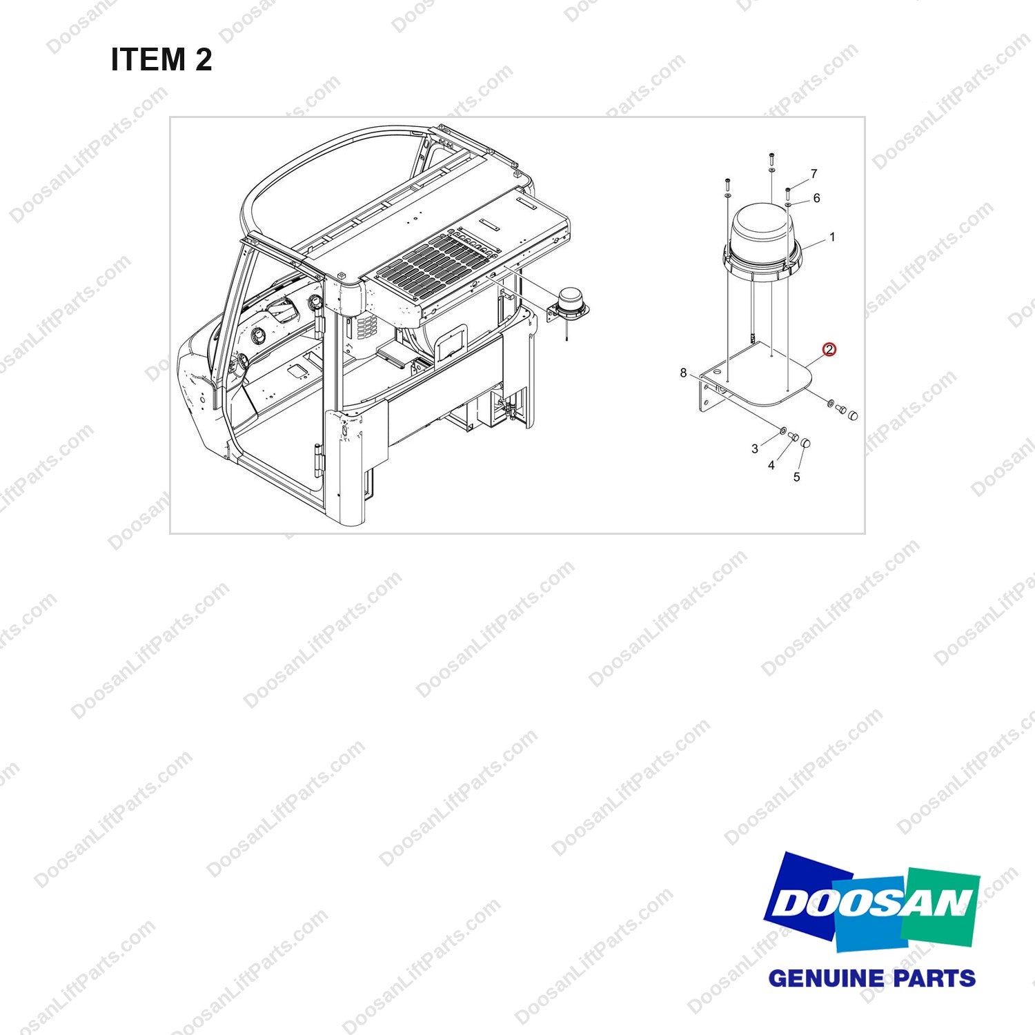 110420-02859 STROBE;AMBER,ROTATING;ABOVE - full parts diagram, item 2 marked - genuine Doosan / Bobcat forklift part