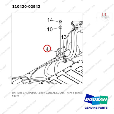 110420-02942 BATTERY GP;LFP600AH,B40X-7,LOCAL,COSMX - parts diagram, item 4 shown - genuine Doosan / Bobcat forklift part