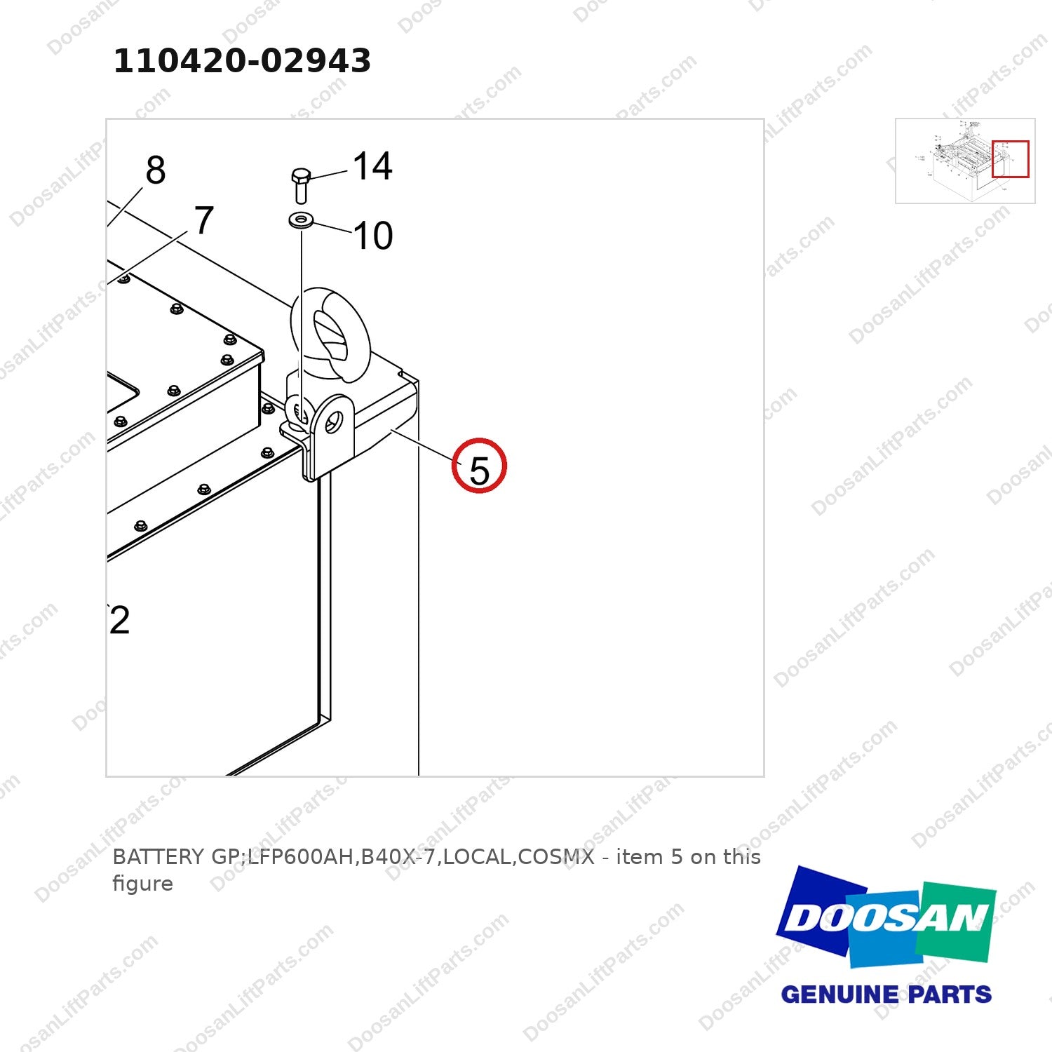 110420-02943 BATTERY GP;LFP600AH,B40X-7,LOCAL,COSMX - parts diagram, item 5 shown - genuine Doosan / Bobcat forklift part