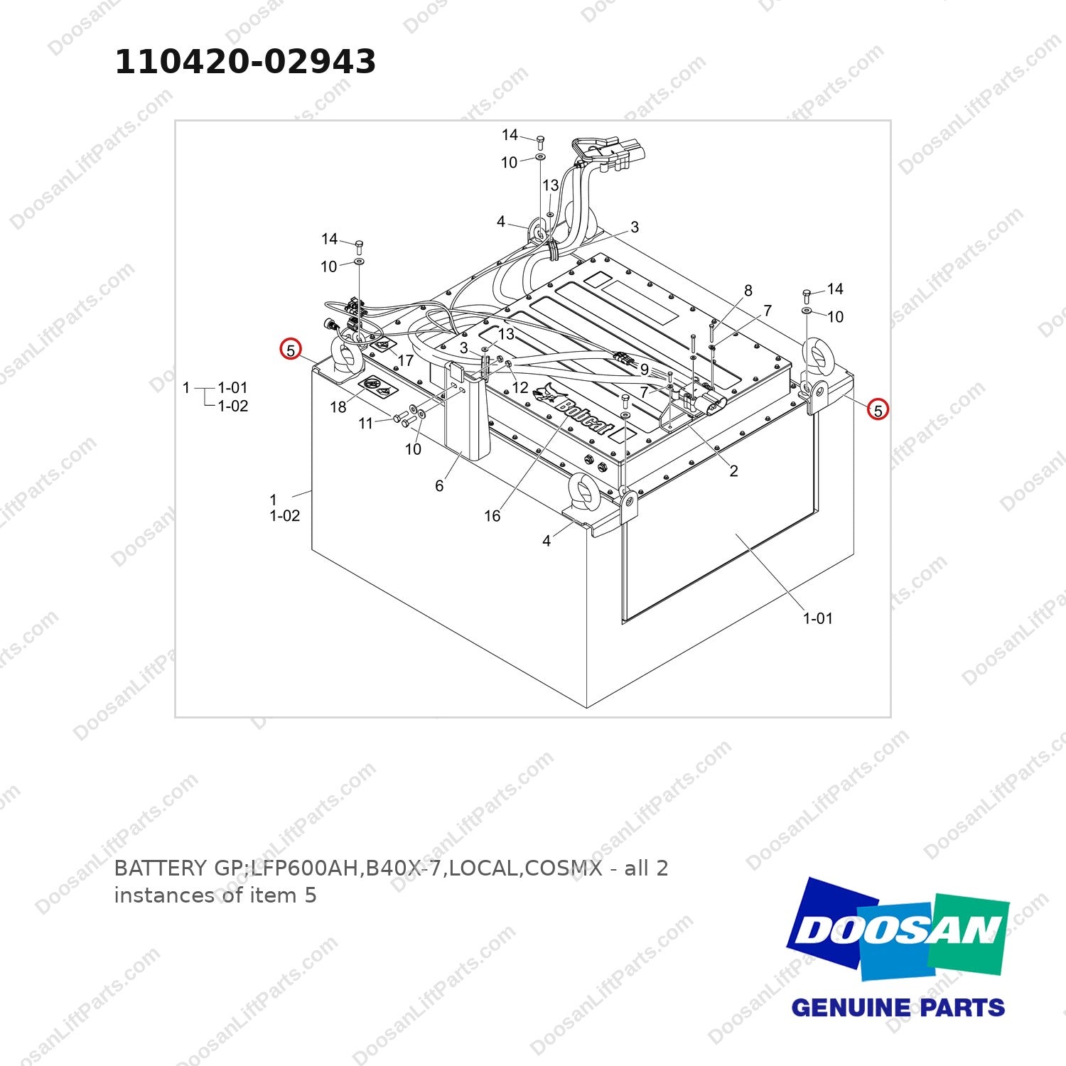 110420-02943 BATTERY GP;LFP600AH,B40X-7,LOCAL,COSMX - full parts diagram, item 5 marked - genuine Doosan / Bobcat forklift part