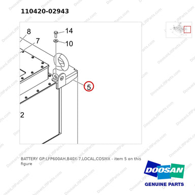 110420-02943 BATTERY GP;LFP600AH,B40X-7,LOCAL,COSMX - parts diagram, item 5 shown - genuine Doosan / Bobcat forklift part