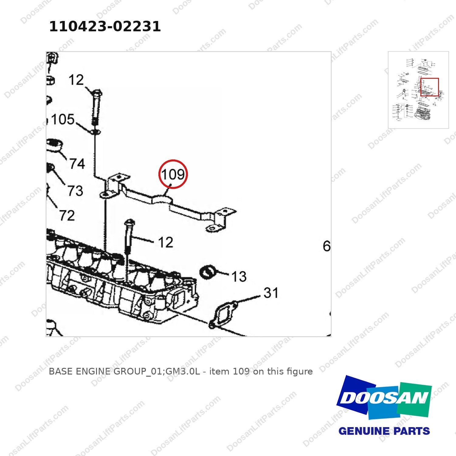 110423-02231 BASE ENGINE GROUP_01;GM3.0L - parts diagram, item 109 shown - genuine Doosan / Bobcat forklift part