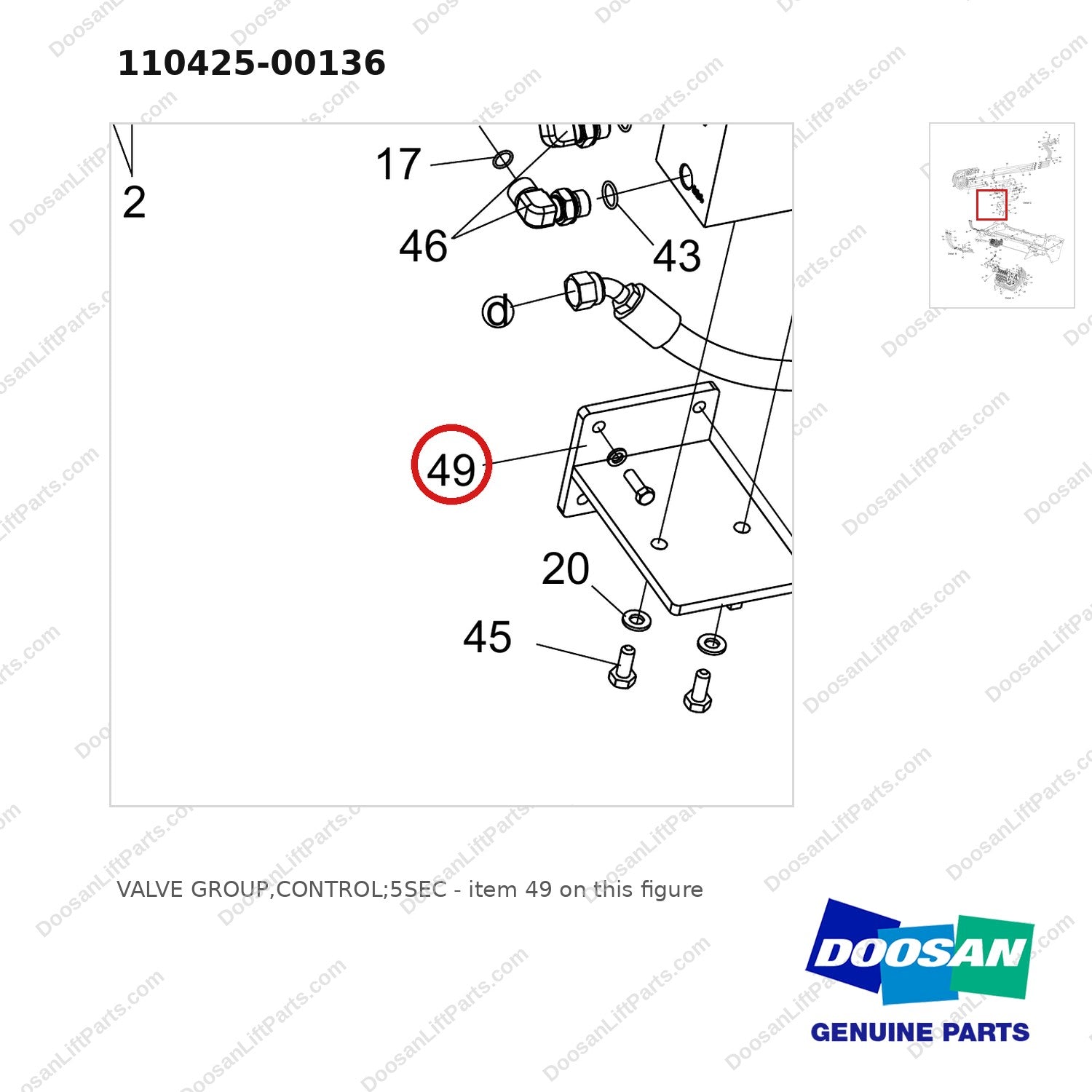 110425-00136 VALVE GROUP,CONTROL;5SEC - parts diagram, item 49 shown - genuine Doosan / Bobcat forklift part