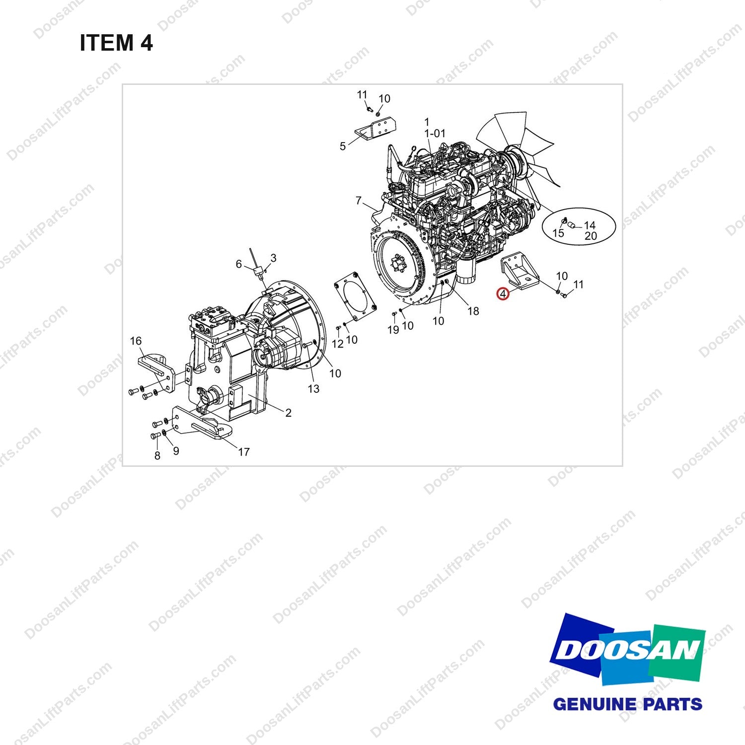 110427-00175 Engine & Transmission Gp - full parts diagram, item 4 marked - genuine Doosan / Bobcat forklift part