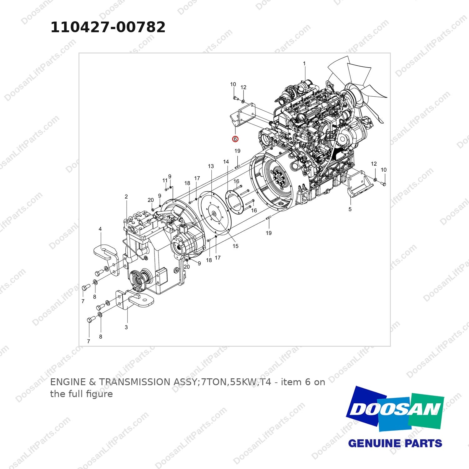 110427-00782 ENGINE & TRANSMISSION ASSY;7TON,55KW,T4 - full parts diagram, item 6 marked - genuine Doosan / Bobcat forklift part