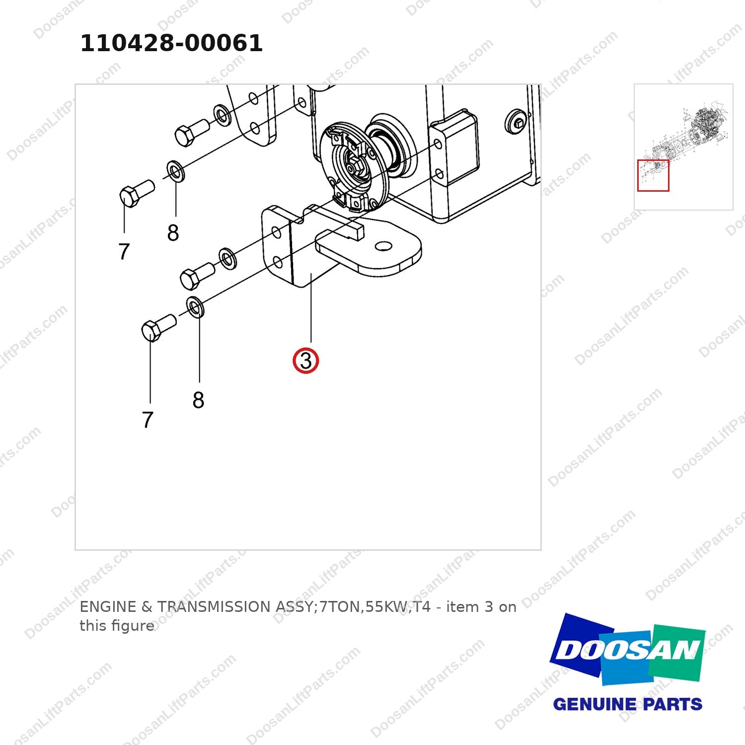 110428-00061 ENGINE & TRANSMISSION ASSY;7TON,55KW,T4 - parts diagram, item 3 shown - genuine Doosan / Bobcat forklift part