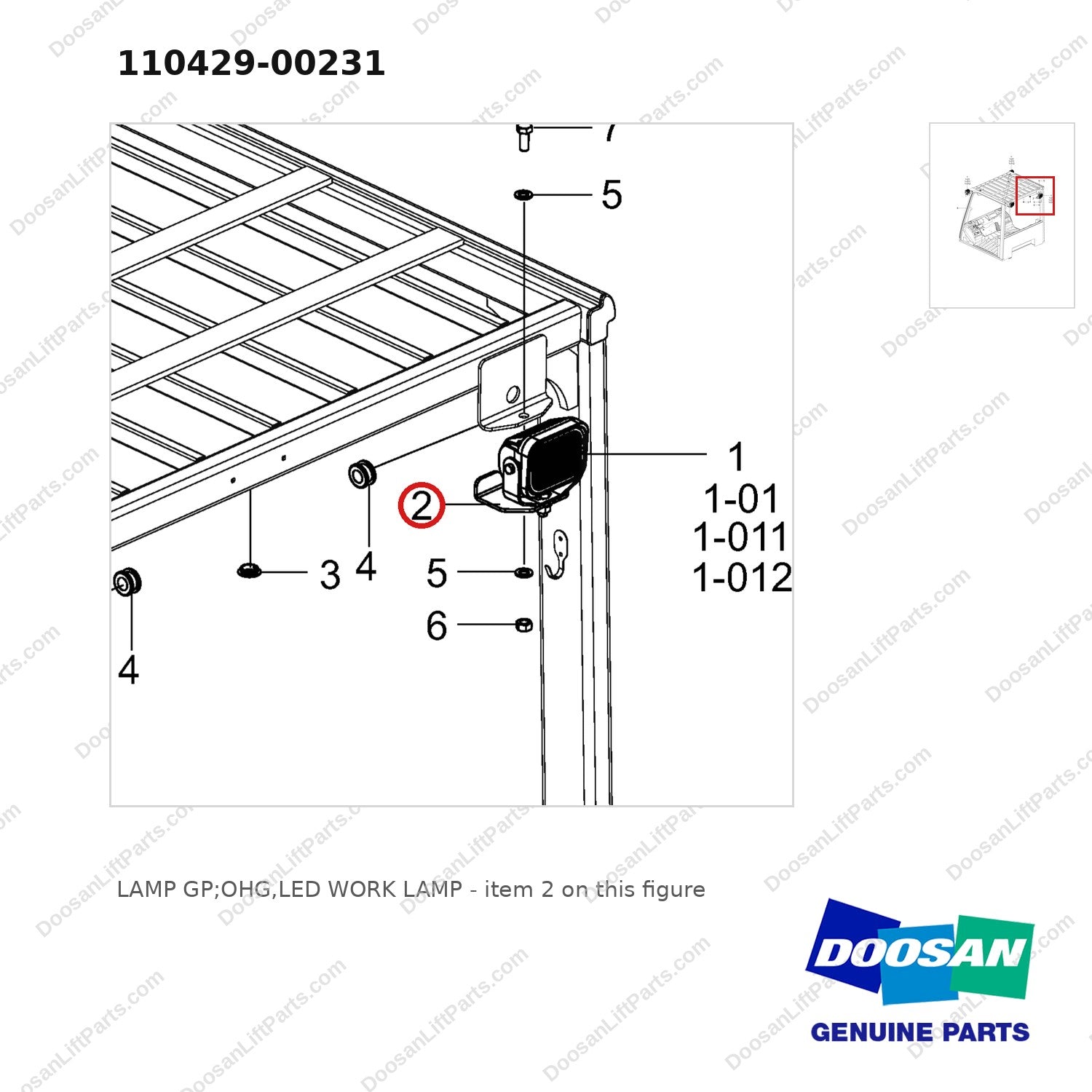 110429-00231 LAMP GP;OHG,LED WORK LAMP - parts diagram, item 2 shown - genuine Doosan / Bobcat forklift part