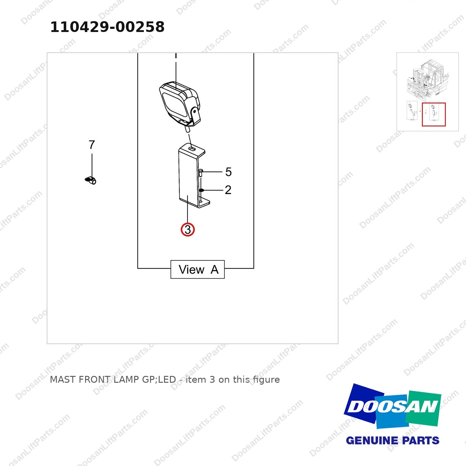 110429-00258 MAST FRONT LAMP GP;LED - parts diagram, item 3 shown - genuine Doosan / Bobcat forklift part