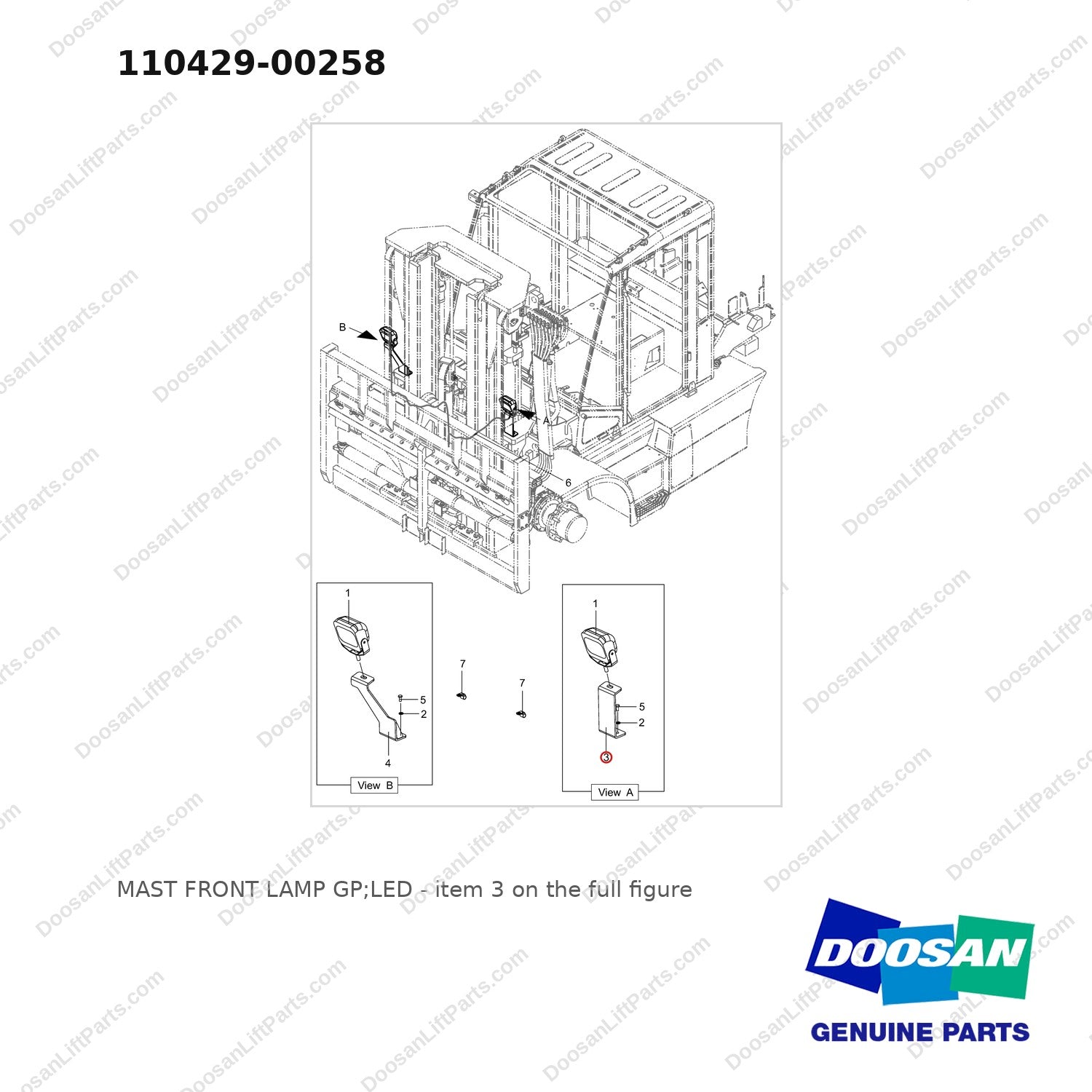110429-00258 MAST FRONT LAMP GP;LED - full parts diagram, item 3 marked - genuine Doosan / Bobcat forklift part