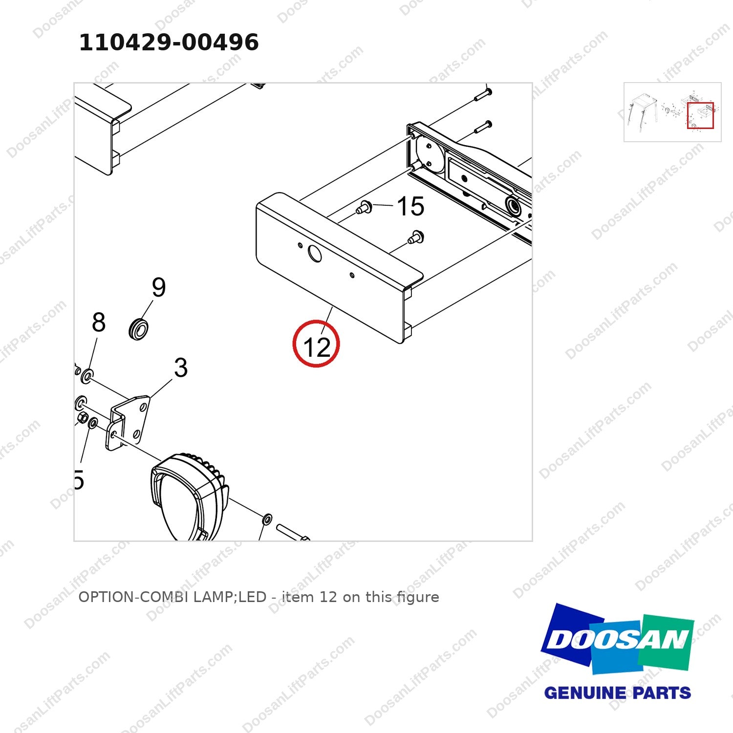 110429-00496 OPTION-COMBI LAMP;LED - parts diagram, item 12 shown - genuine Doosan / Bobcat forklift part