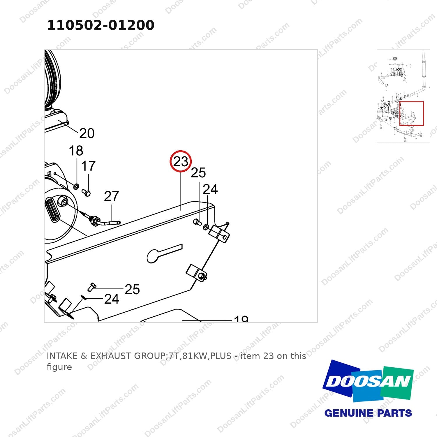 110502-01200 INTAKE & EXHAUST GROUP;7T,81KW,PLUS - parts diagram, item 23 shown - genuine Doosan / Bobcat forklift part