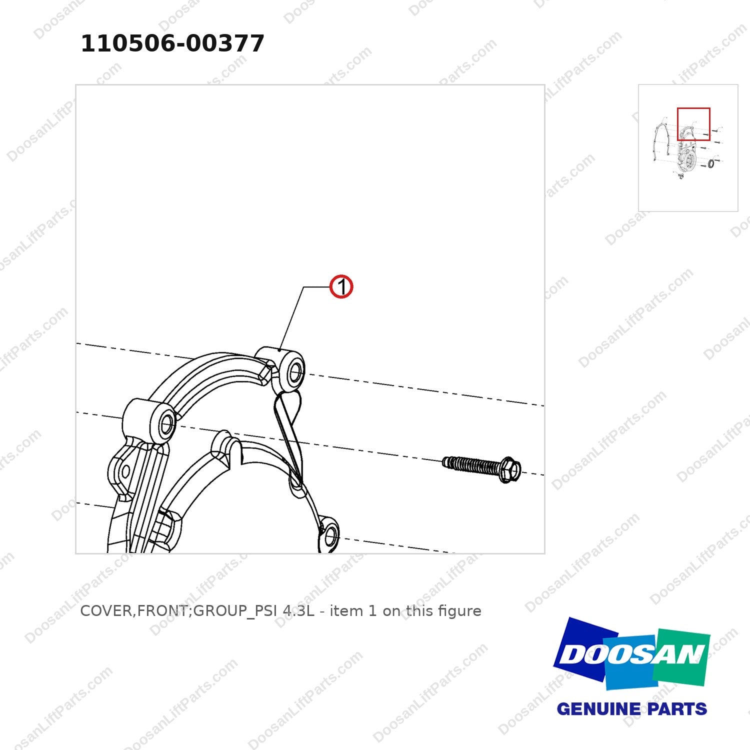 110506-00377 COVER,FRONT;GROUP_PSI 4.3L - parts diagram, item 1 shown - genuine Doosan / Bobcat forklift part