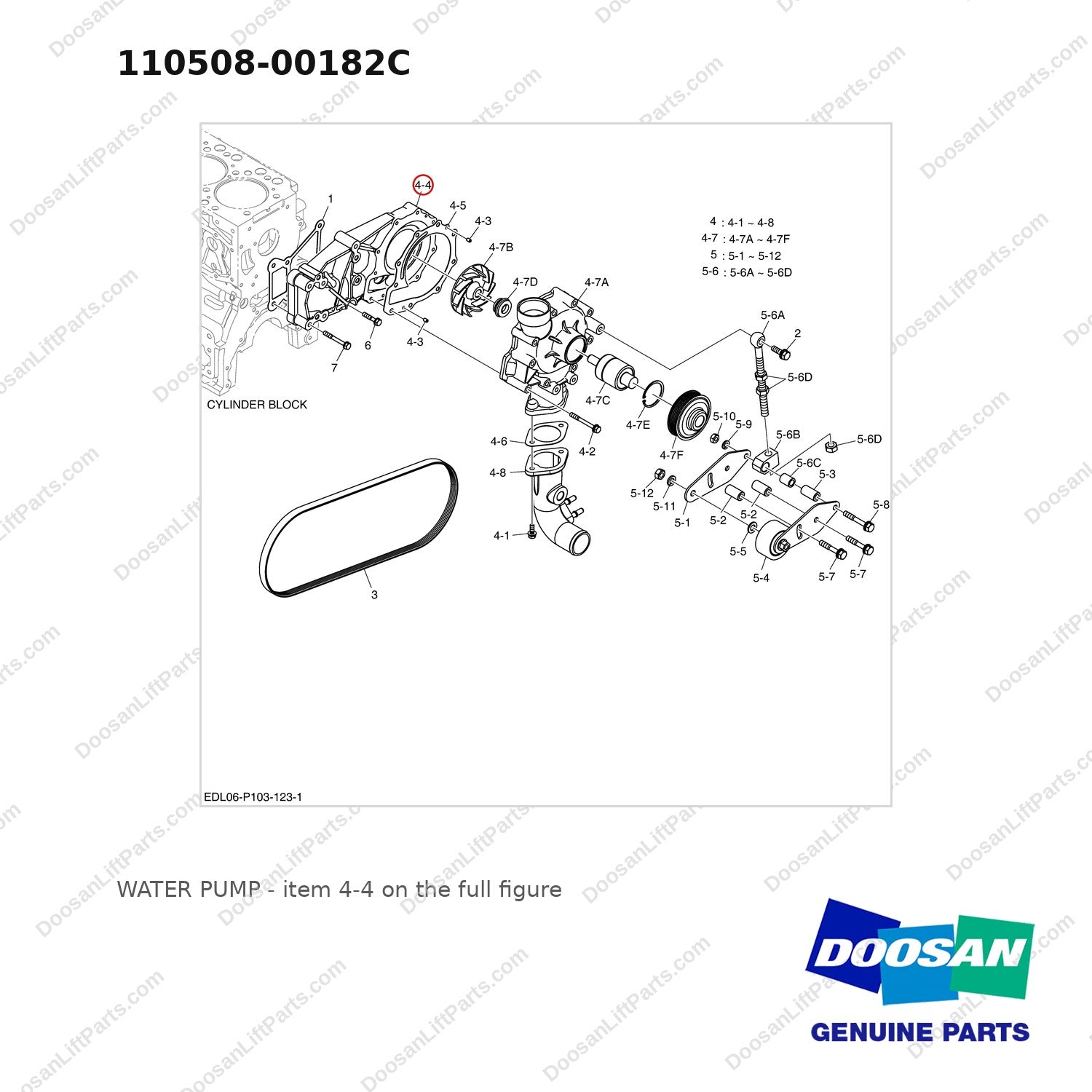 110508-00182C WATER PUMP - full parts diagram, item 4-4 marked - genuine Doosan / Bobcat forklift part